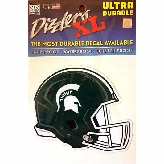 Cutout decal in the shape of a Spartan football helmet, which is dark green with white outlines and has a white Spartan Helmet logo on the side.