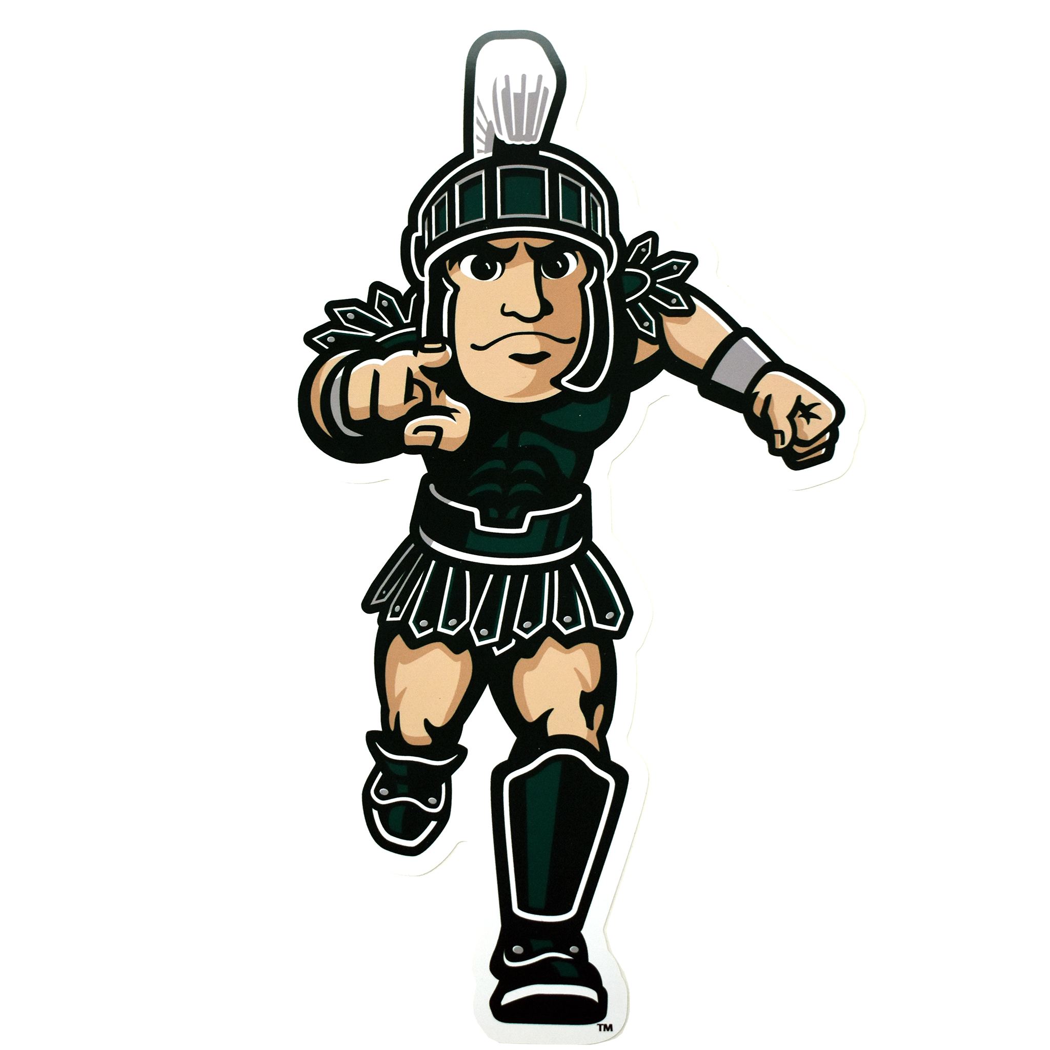 A full-color Sparty mascot decal. Sparty is running towards and pointing at the viewer