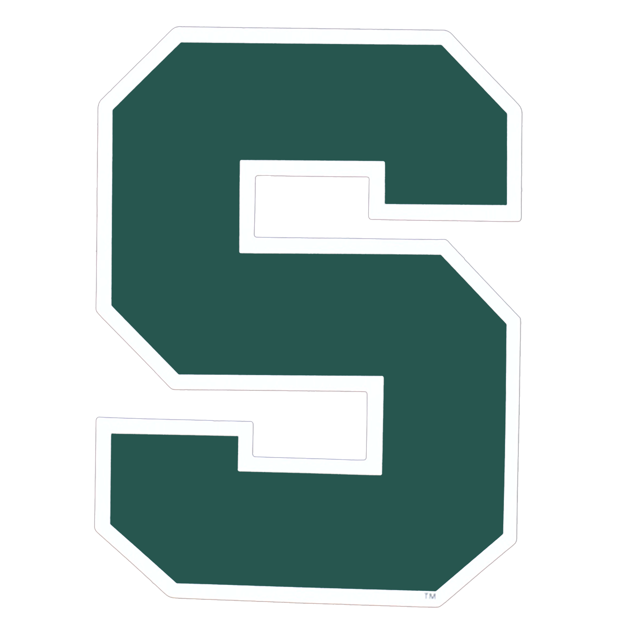 Cutout magnet in the shape of a block s, which is dark green with a white outline