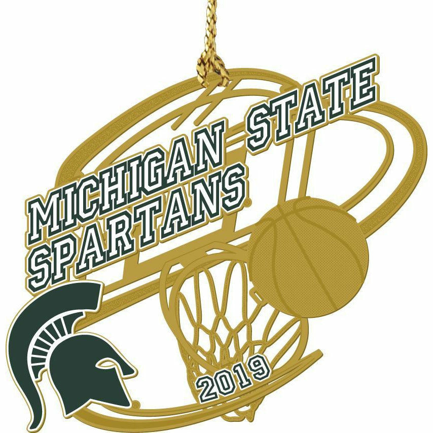 Gold ornament in the shape of a basketball hoop and backboard with a golden basketball about to go in. A dark green Spartan Helmet logo is on the left, with athletic style text reading "Michigan State Spartans 2019."