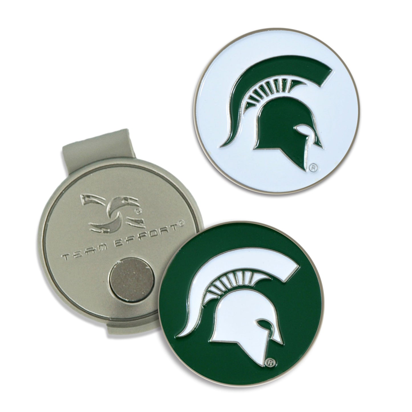 Silver hat clip with the Team effort logo and a small magnet, pictured next to the two golf markers. Each marker has a Spartan Helmet logo in the center, one is white with a green helmet and the other is green with a white helmet.