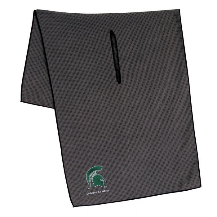 Gray microfiber golf towel with an embroidered Spartan Helmet logo over small text reading Go Green, Go White in one corner.
