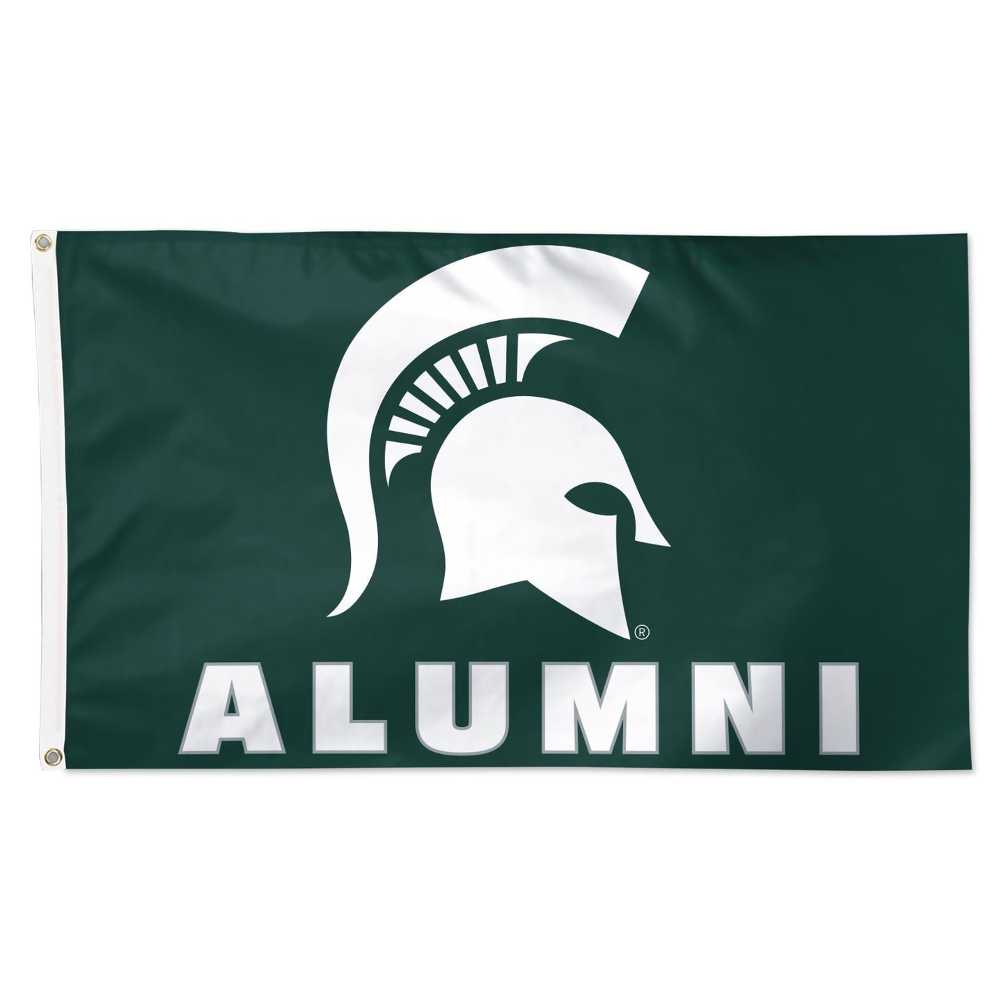 Dark green flag printed with white Spartan Helmet logo above the word "Alumni" in white block letters.