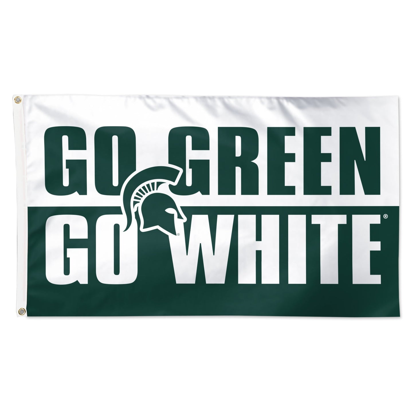 Two panel flag. Top white panel reads "Go green" in block letters, and bottom dark green panel reads "Go white." In the center is a dark green Spartan Helmet logo is outlined.
