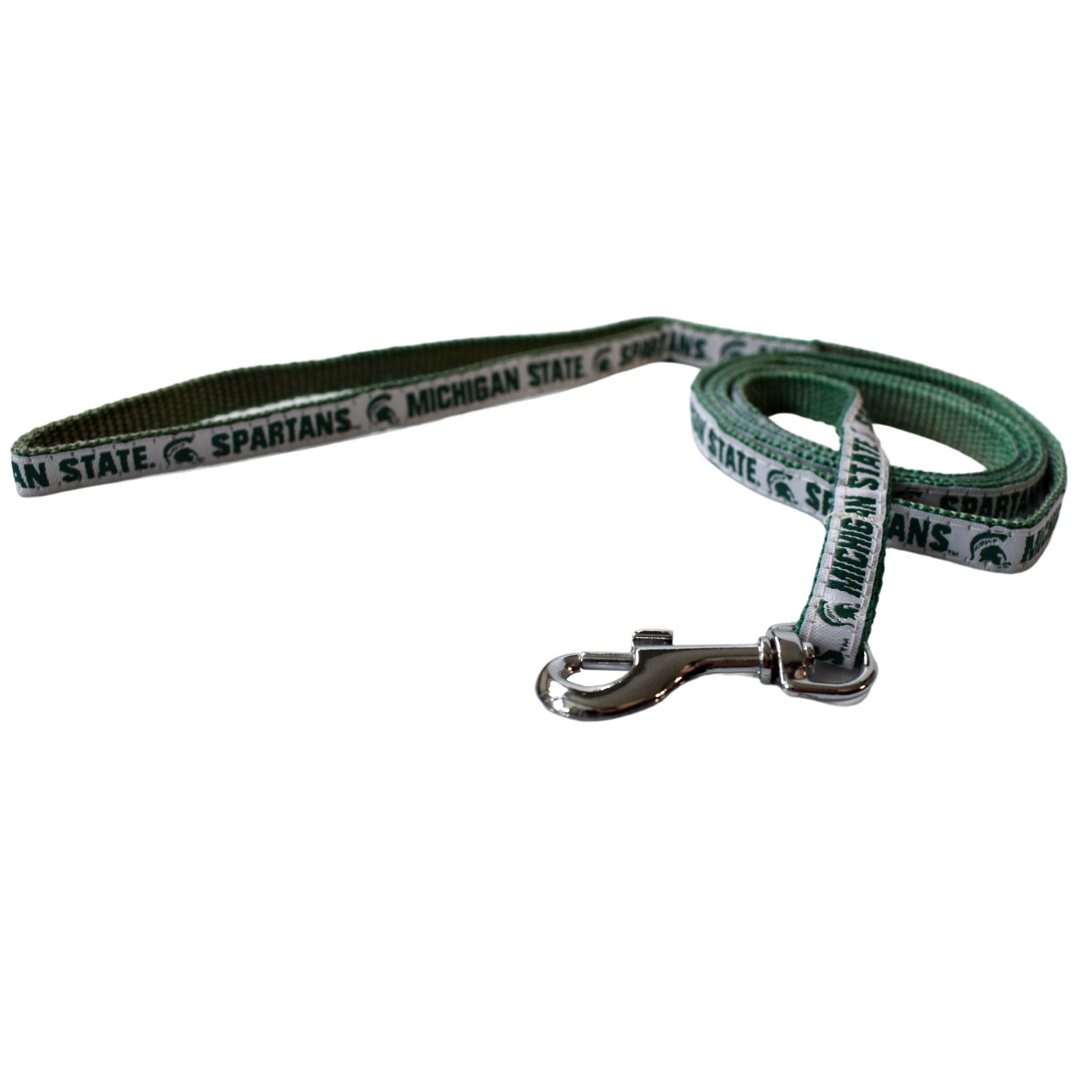 Green woven leash with one side having a solid white ribbon that reads Michigan State and Spartans on either side of a Spartan helmet, all in dark green. At one end is a silver metal spring hook.
