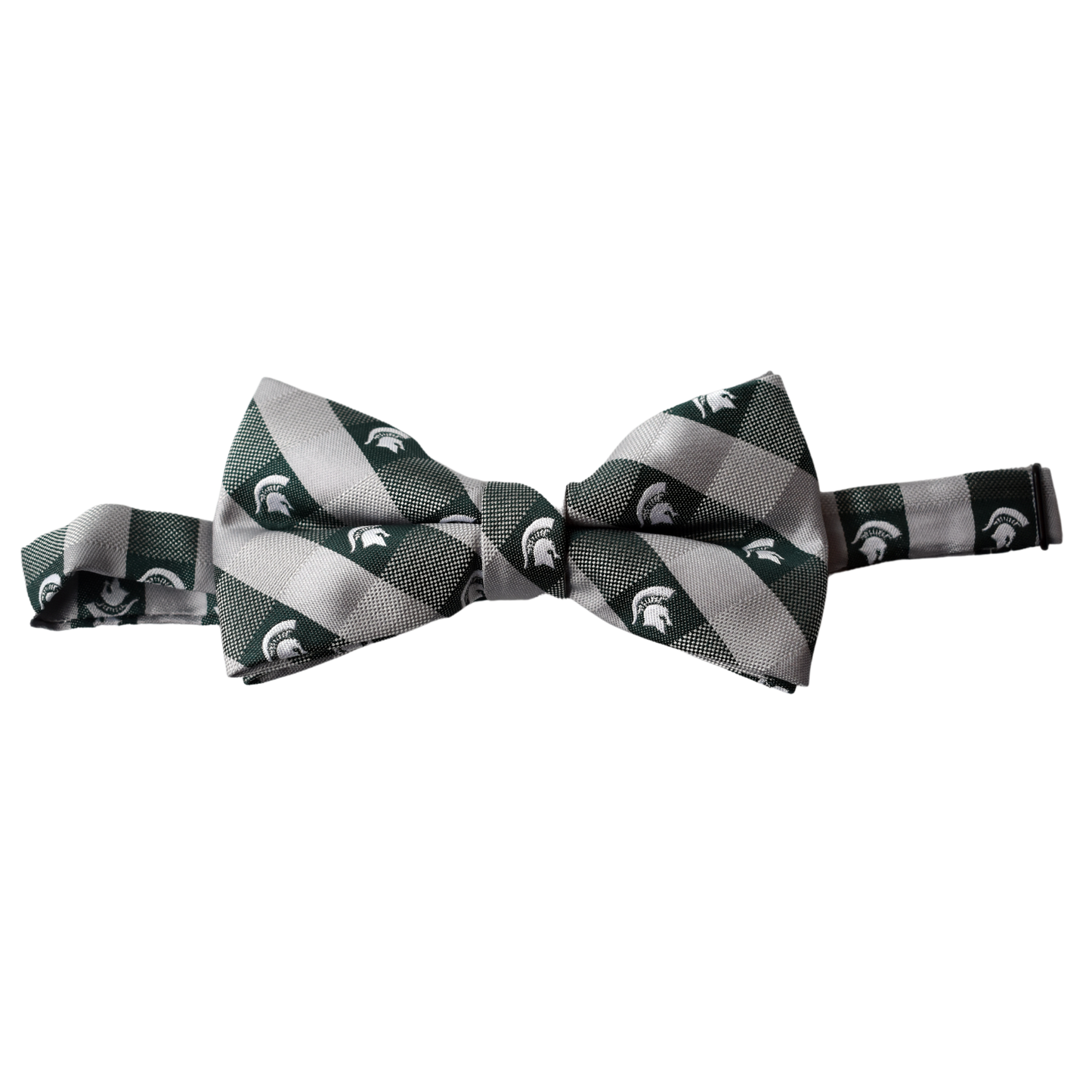 Light gray and dark green gingham patterned bowtie. The solid green squares feature a small white Spartan Helmet.
