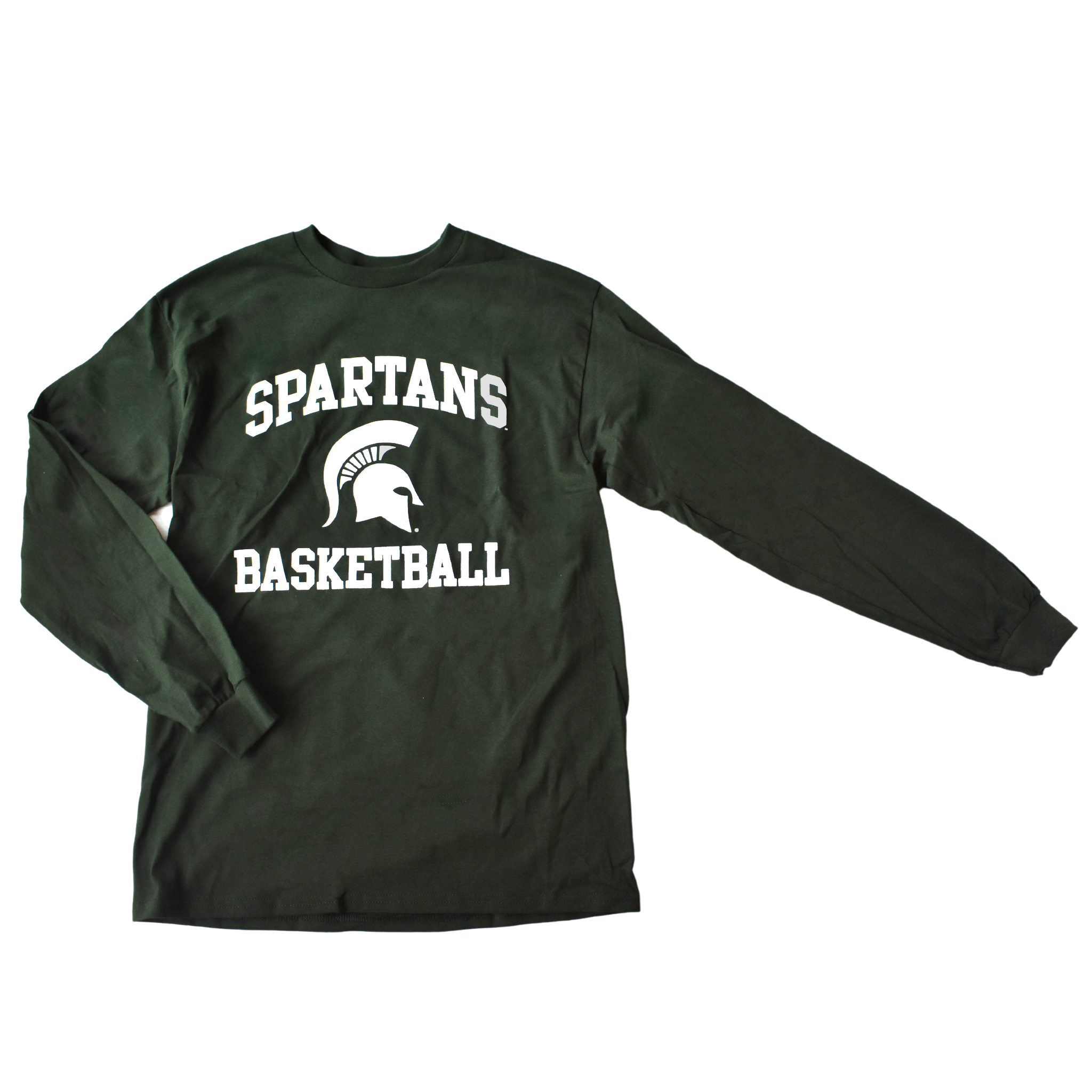 Forest green long-sleeve t-shirt with white printing centered on the torso. Around a Spartan helmet is two lines of block text: a curved line above reading Spartans and a straight line below reading Basketball