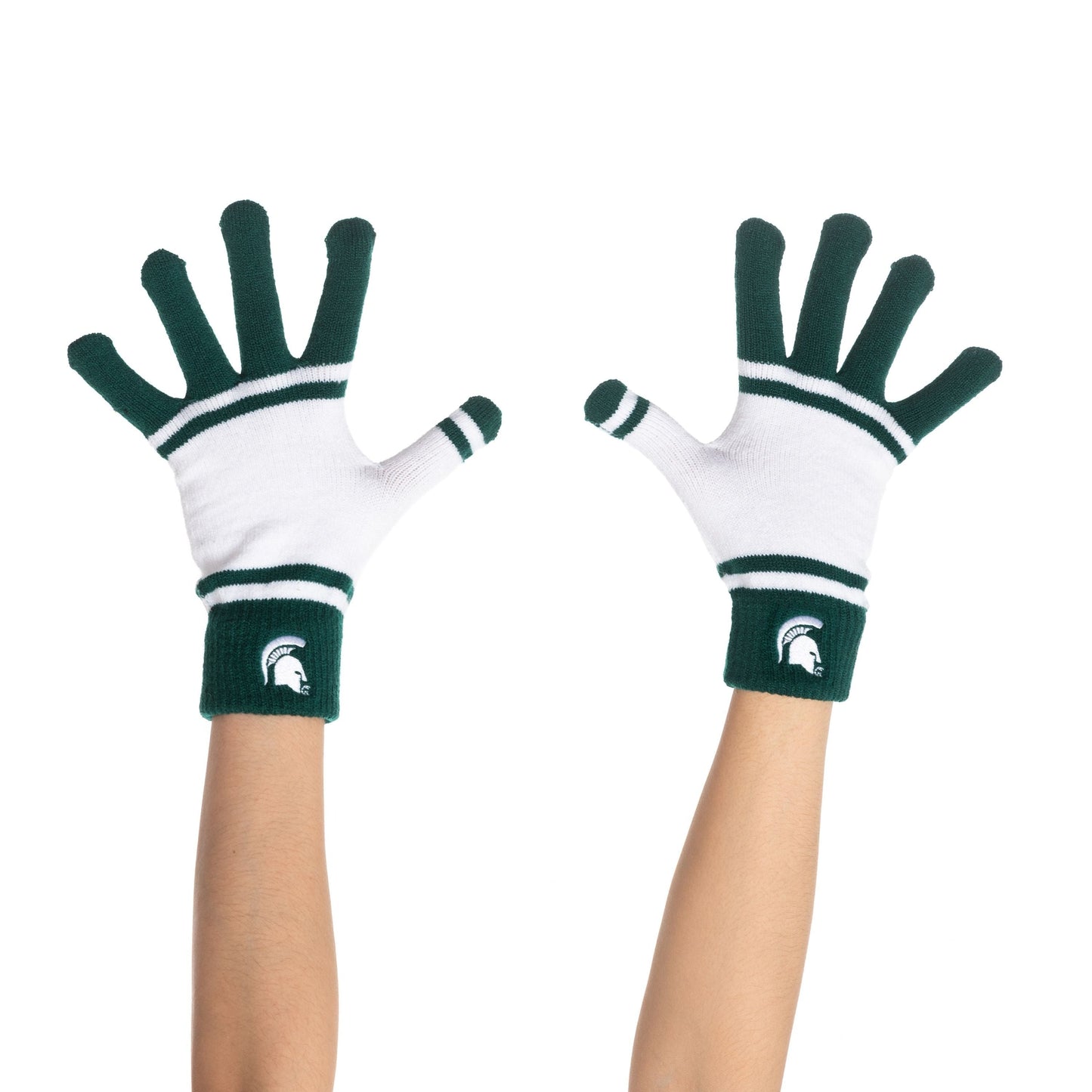 Gloves with green fingers and thumb with a green stripe below fingers and thumb. Hand part of glove is white and cuff is green with a white Spartan Helmet. Green stripe just below cuff.