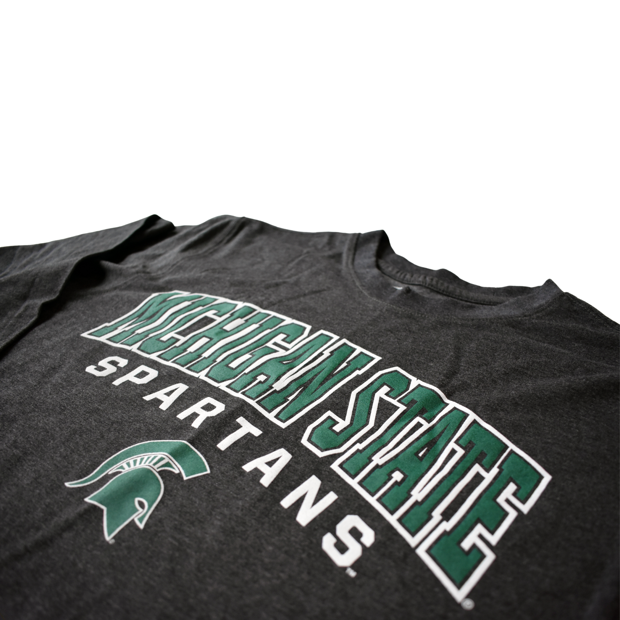Close-up of the Michigan State Spartans and spartan helmet print on the center chest of the charcoal t-shirt.