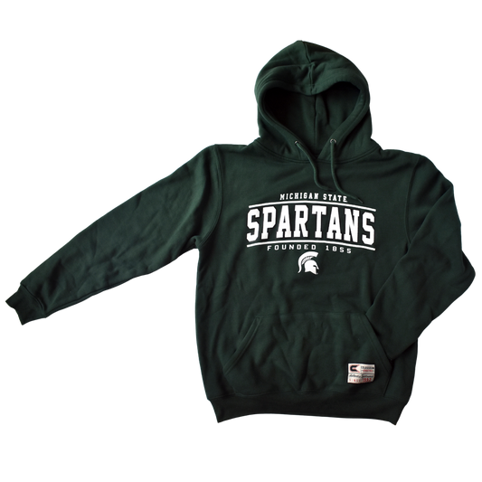 Forest green hooded sweatshirt with matching shoelace-style drawstrings and a kangaroo pocket. Printed in white on the center chest are three slightly curved lines of text over a small white Spartan Helmet logo. The top line reads Michigan State, second line is Spartans, and bottom line is Founded 1855.