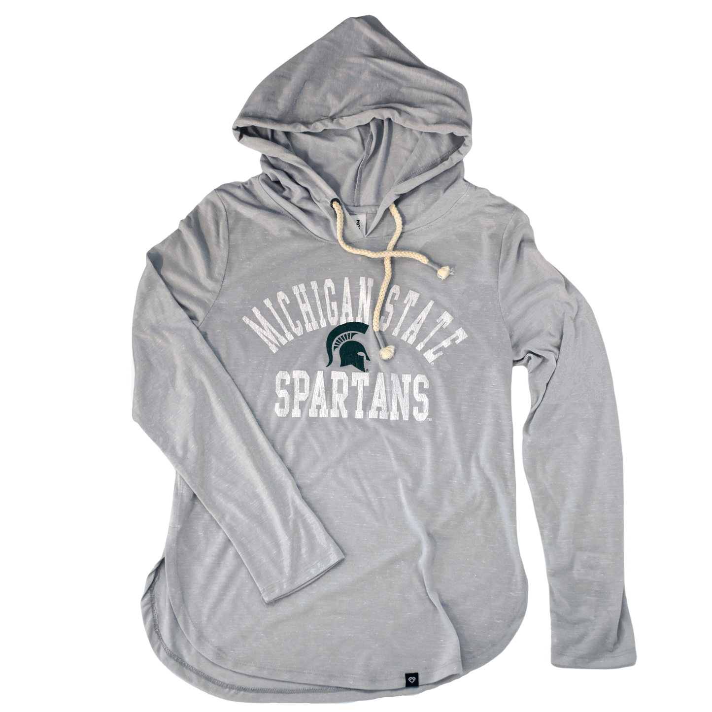 Light heather gray T-shirt hoodie with a rounded hem. The hood's drawstrings are cream-color rope. Printed on the center chest is a green Spartan helmet with arched white text above reading Michigan State in block letters. Below the helmet is white block letters in a straight line reading Spartans.