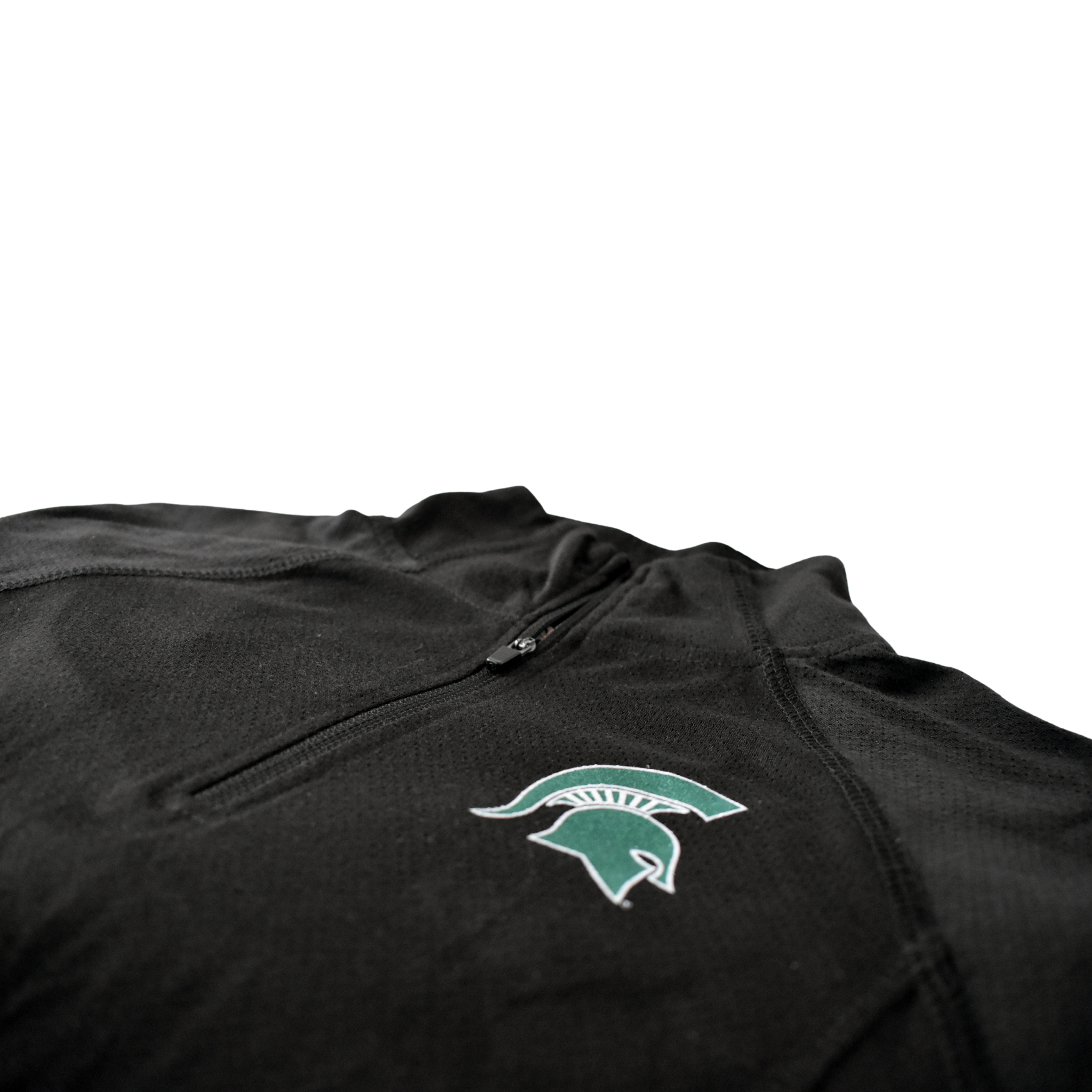 Close up of the helmet on the chest and the raglan style contours leading to the quarter-zip collar.