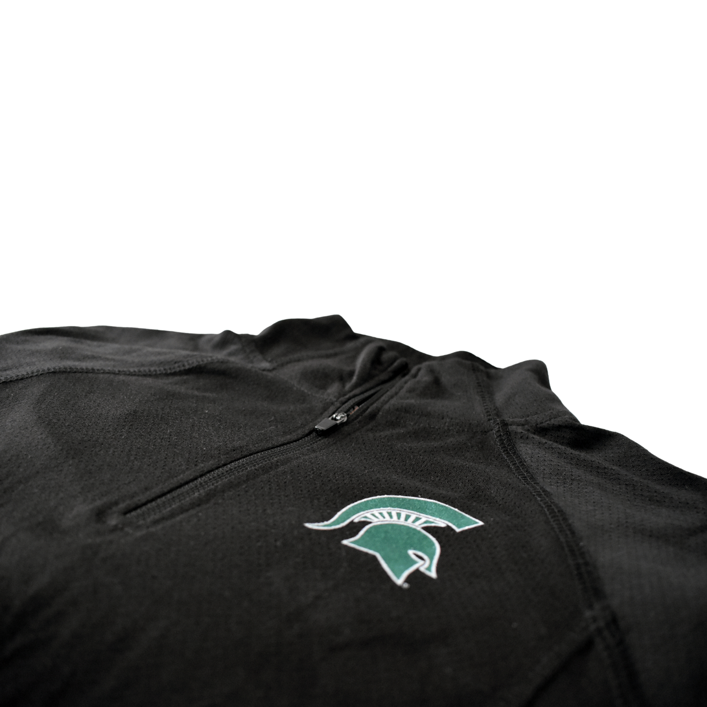 Close up of the Spartan Helmet logo on the chest and the raglan style contours leading to the quarter-zip collar.