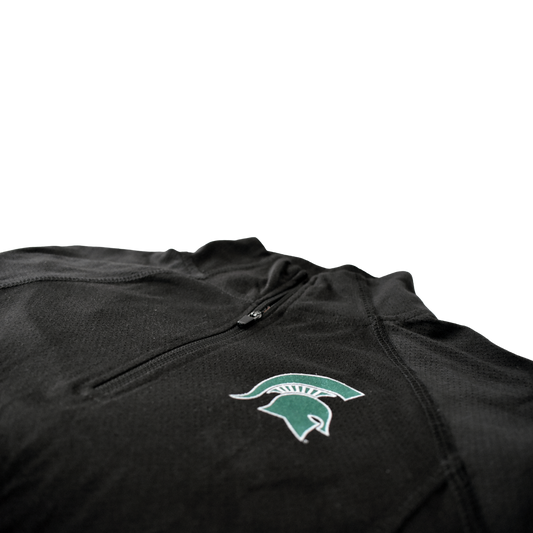 Close up of the Spartan Helmet logo on the chest and the raglan style contours leading to the quarter-zip collar.