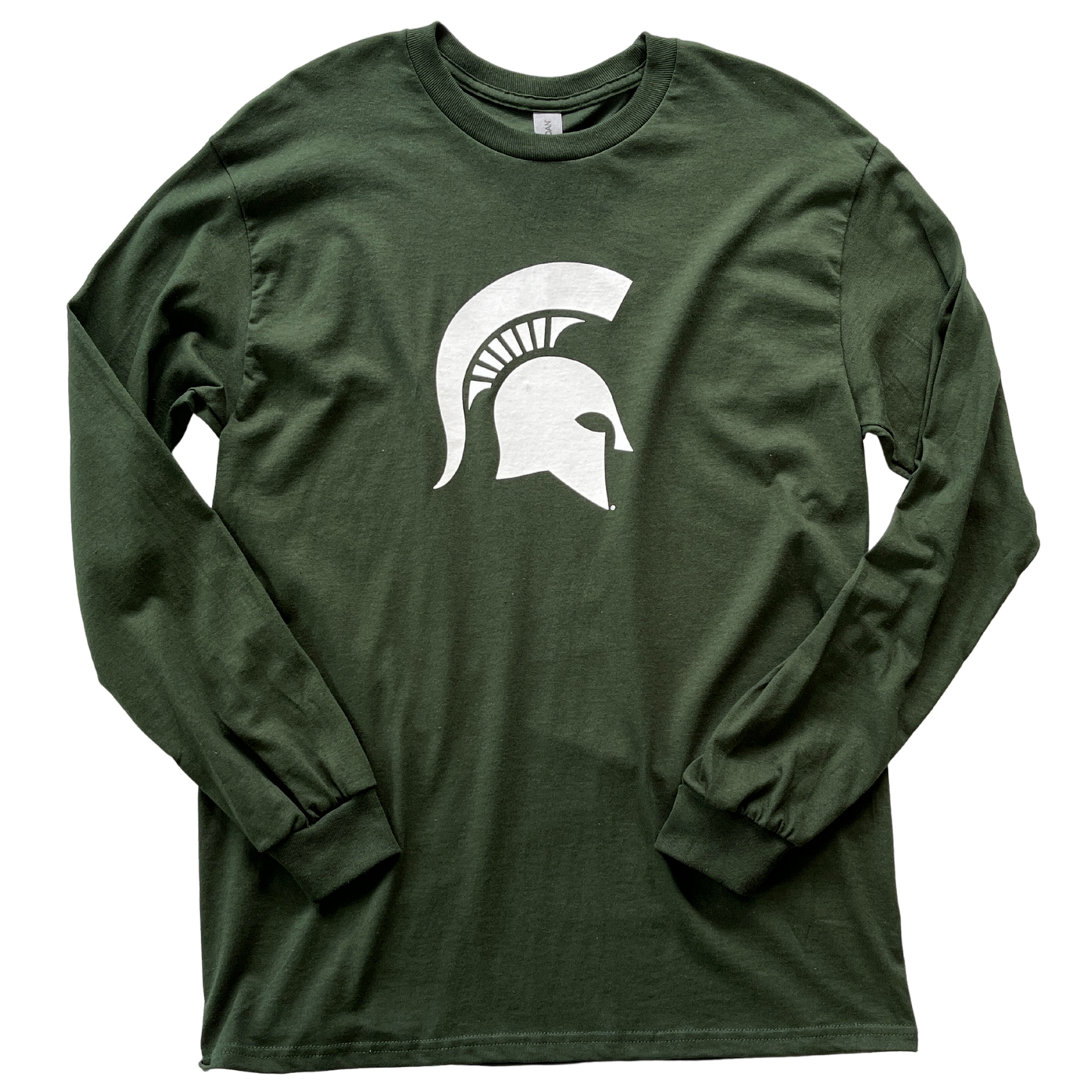 Dark green crewneck, long-sleeve t-shirt. Across center chest is a large white Spartan Helmet logo.