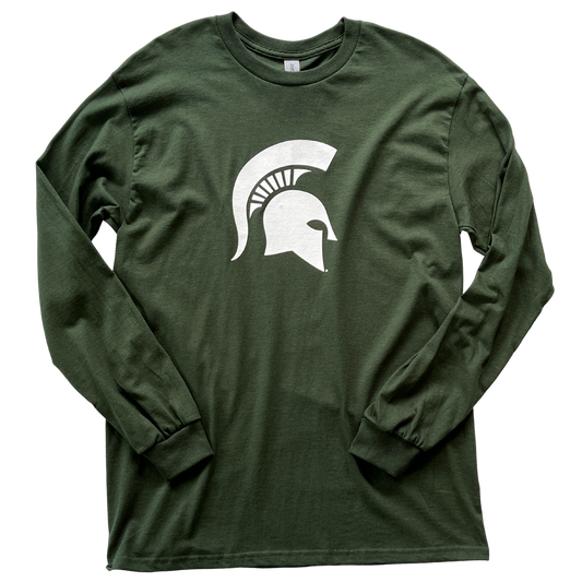 Dark green crewneck, long-sleeve t-shirt. Across center chest is a large white Spartan Helmet logo.