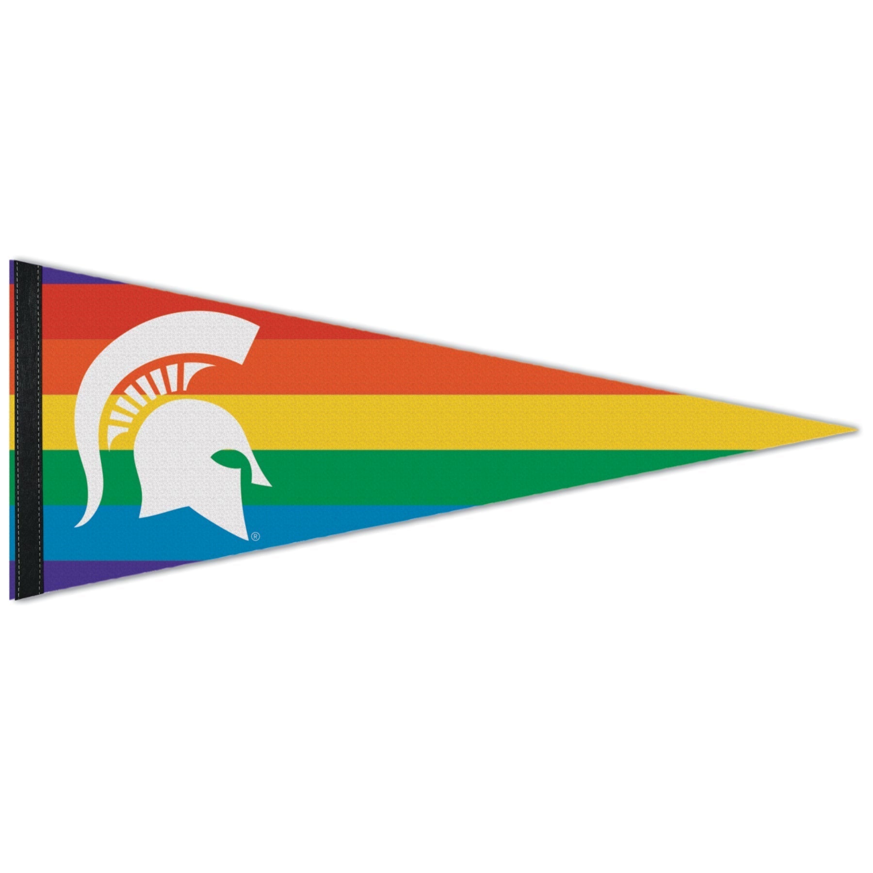Red, orange, yellow, green, blue, and purple horizontally-striped pennant flag. On the tall end, a large white Spartan helmet is printed.