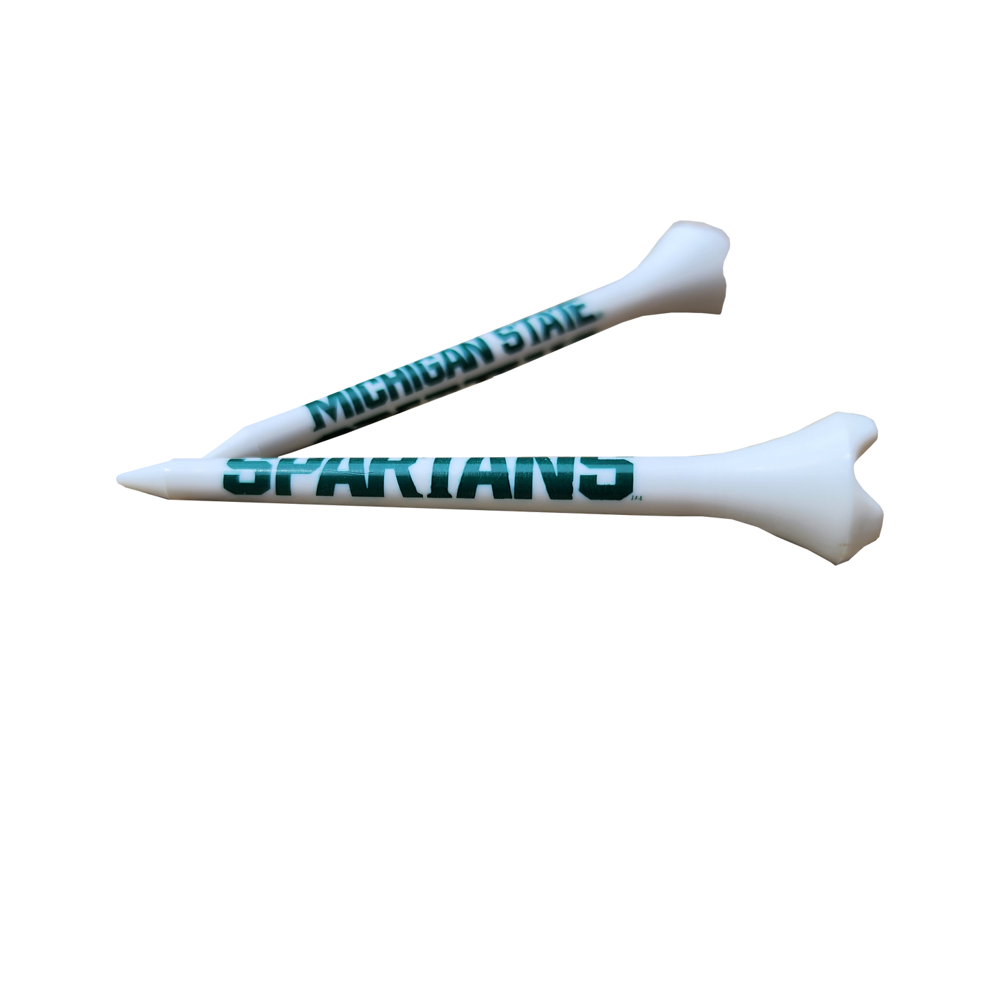 Two white golf tees with bold Spartan green font. Each is rotated to show a different side of the tee. One reads "Michigan State" and the other reads "Spartans."