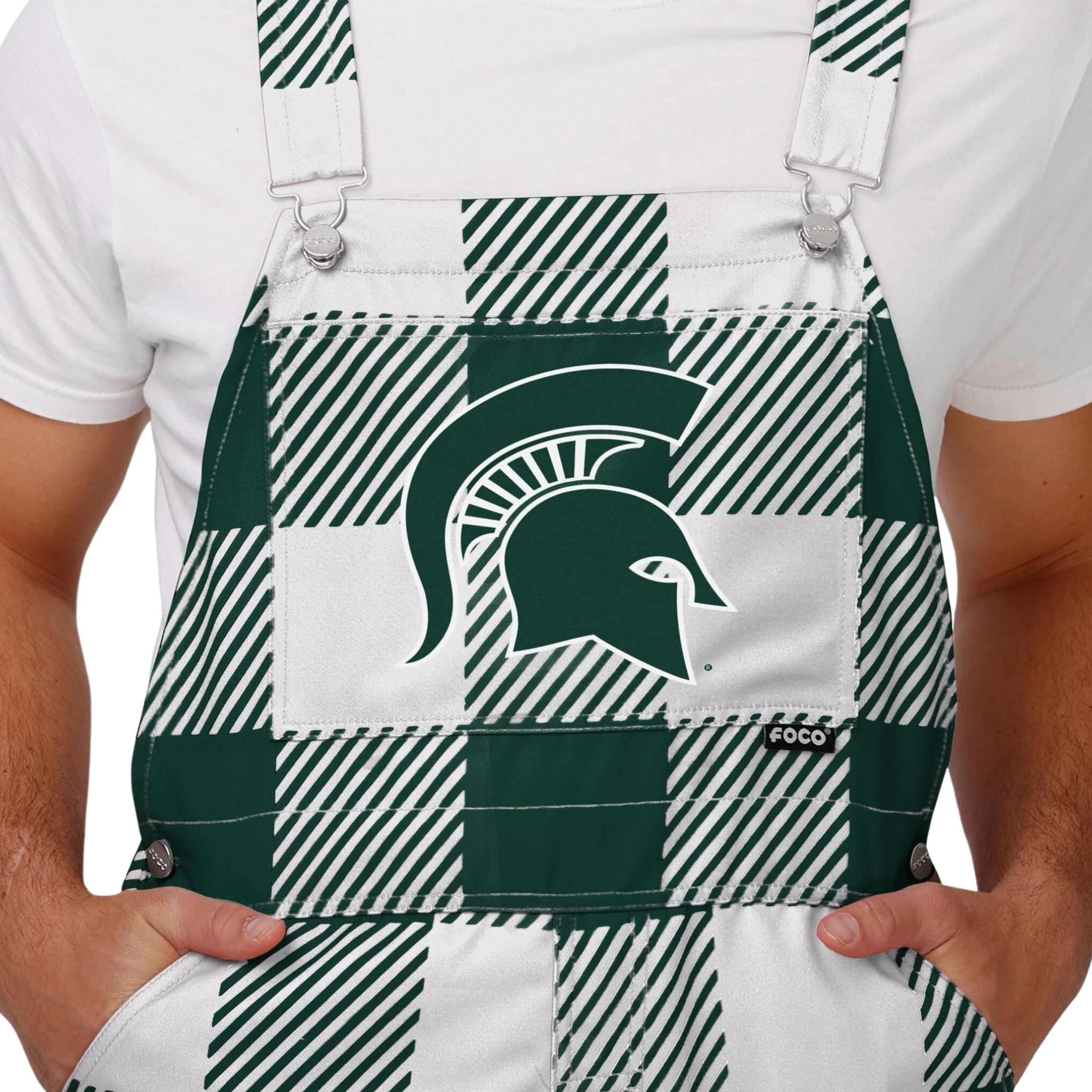 Plaid Michigan State overalls. The colors alternate between green and white. In the center torso is a green MSU helmet logo.
