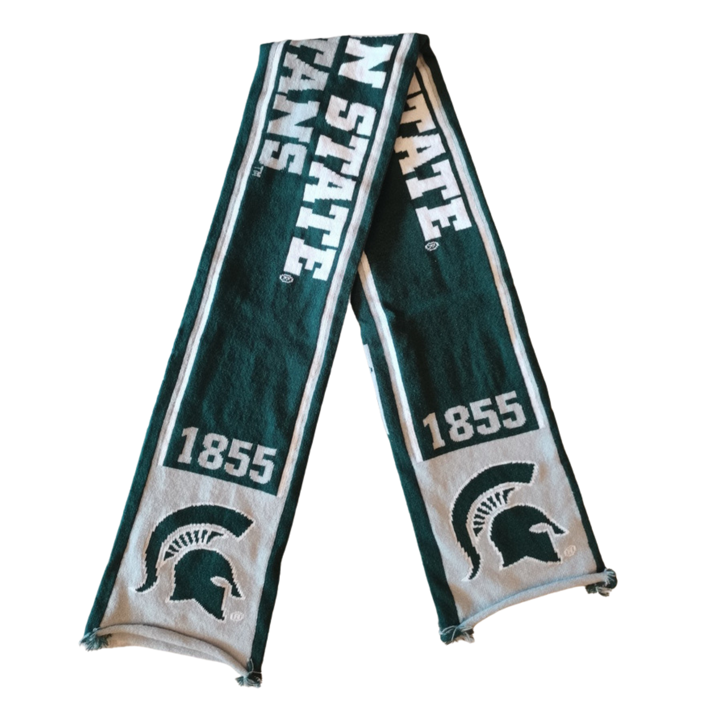 A gray and green scarf with "Michigan State Spartans" written in the center. On the end of each side of the scarf is the founding year of MSU, 1855, along with a green Spartan Helmet logo.