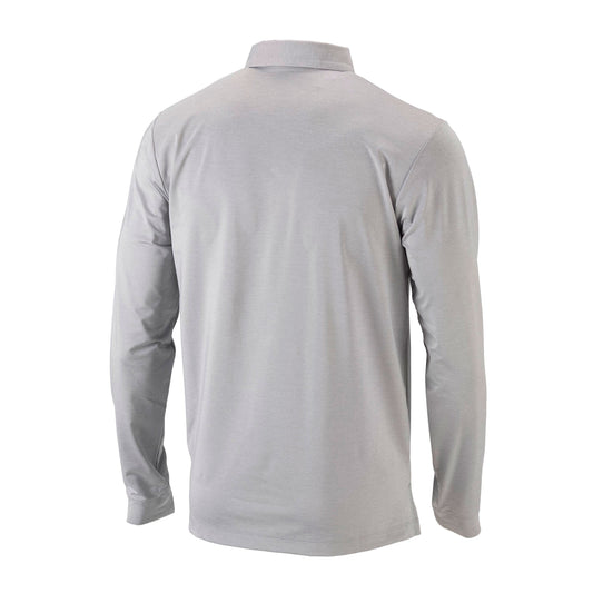Back of a gray long sleeve polo shirt.