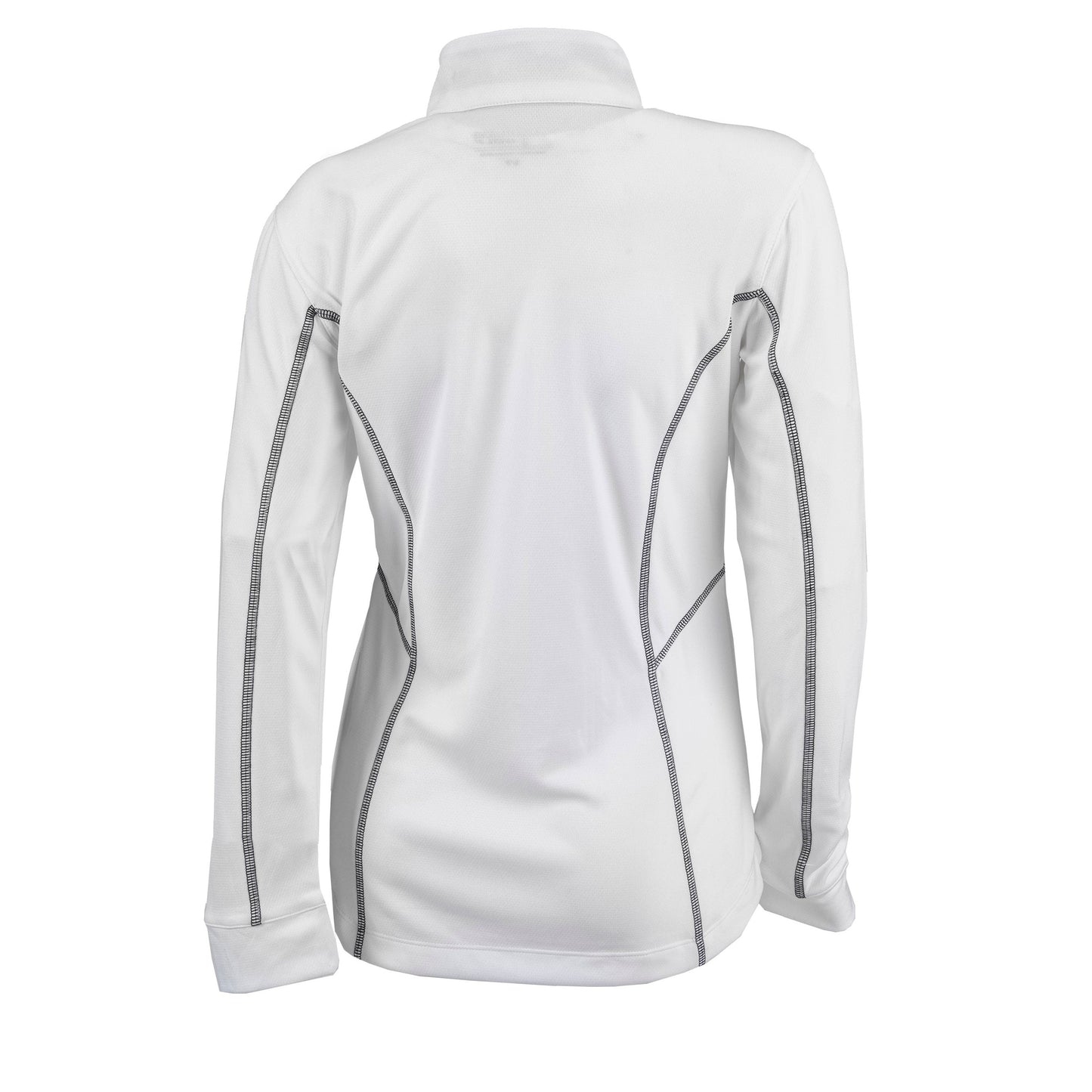 Back of a woman's white Columbia quarter-zip with black contrast stitching.