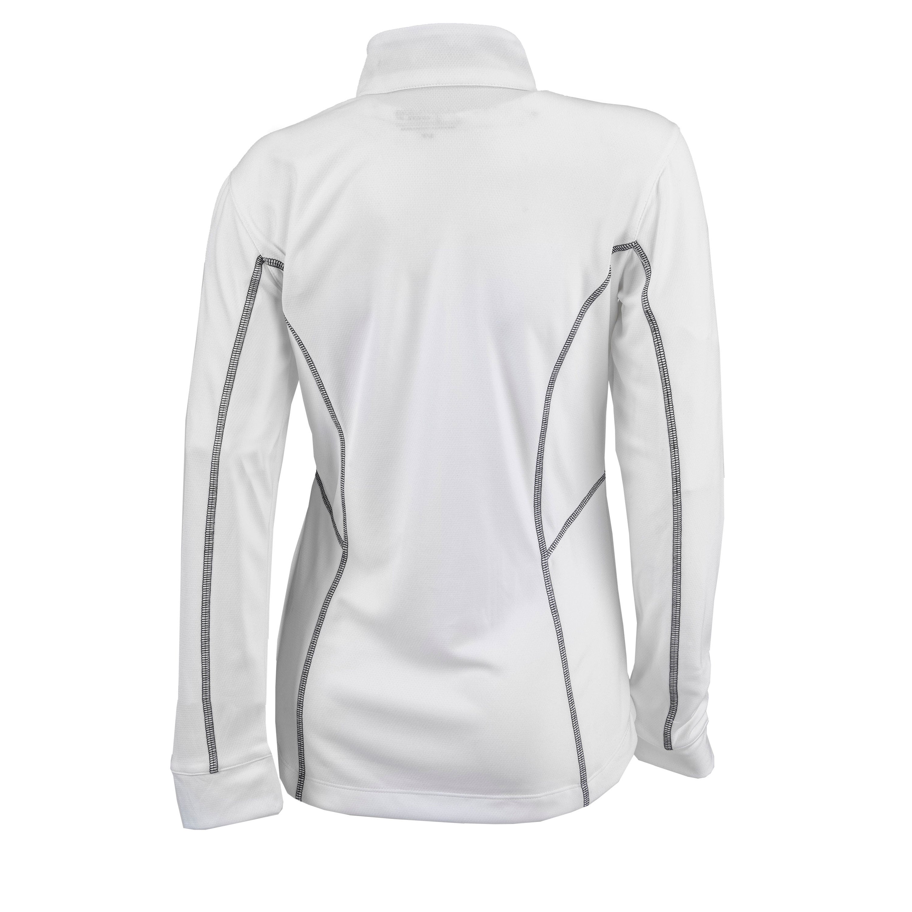 Back of a white women's quarter-zip with contrasting black stitching.