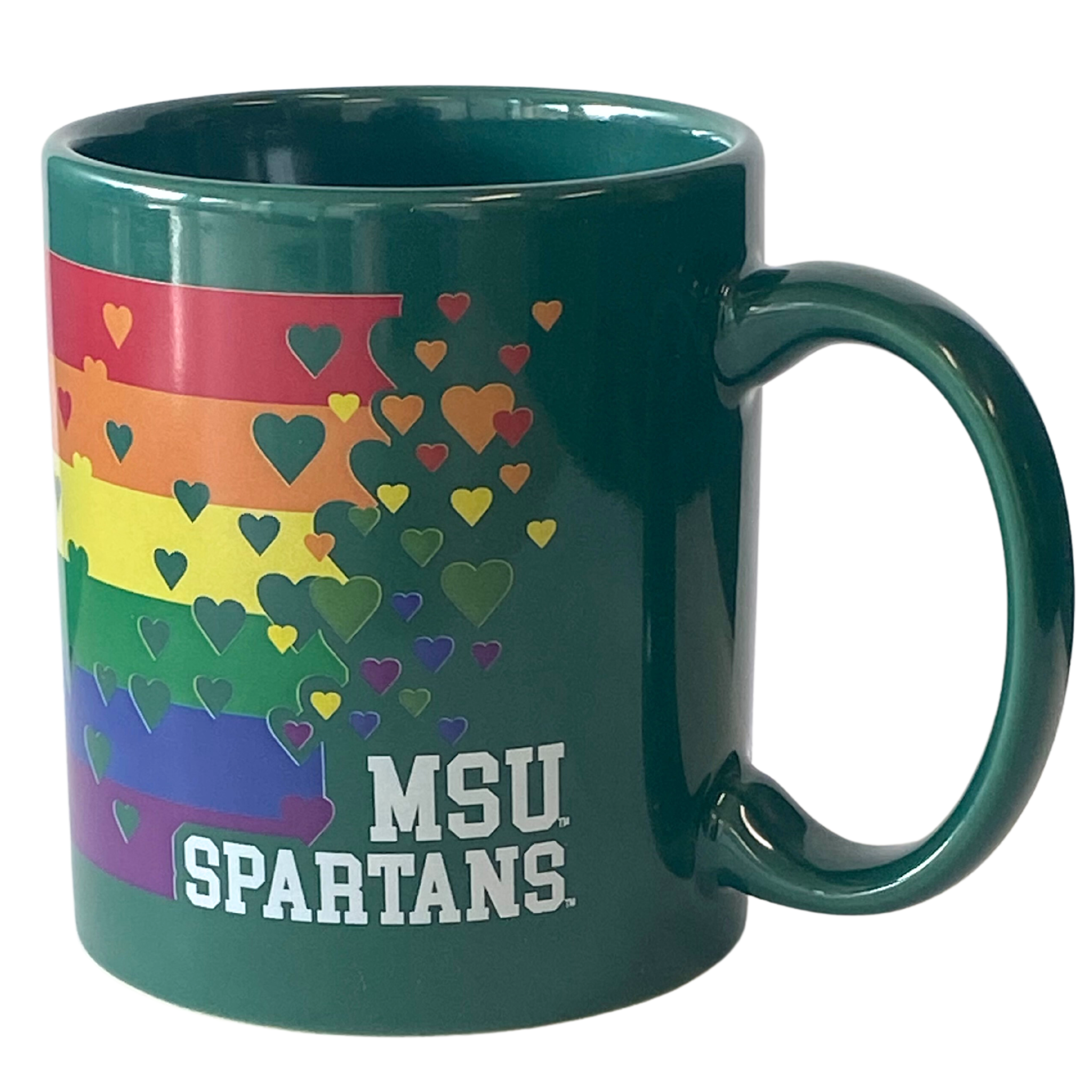 Forest green mug with horizontal rainbow stripes, colorful hearts, and MSU Spartans at the bottom in white.