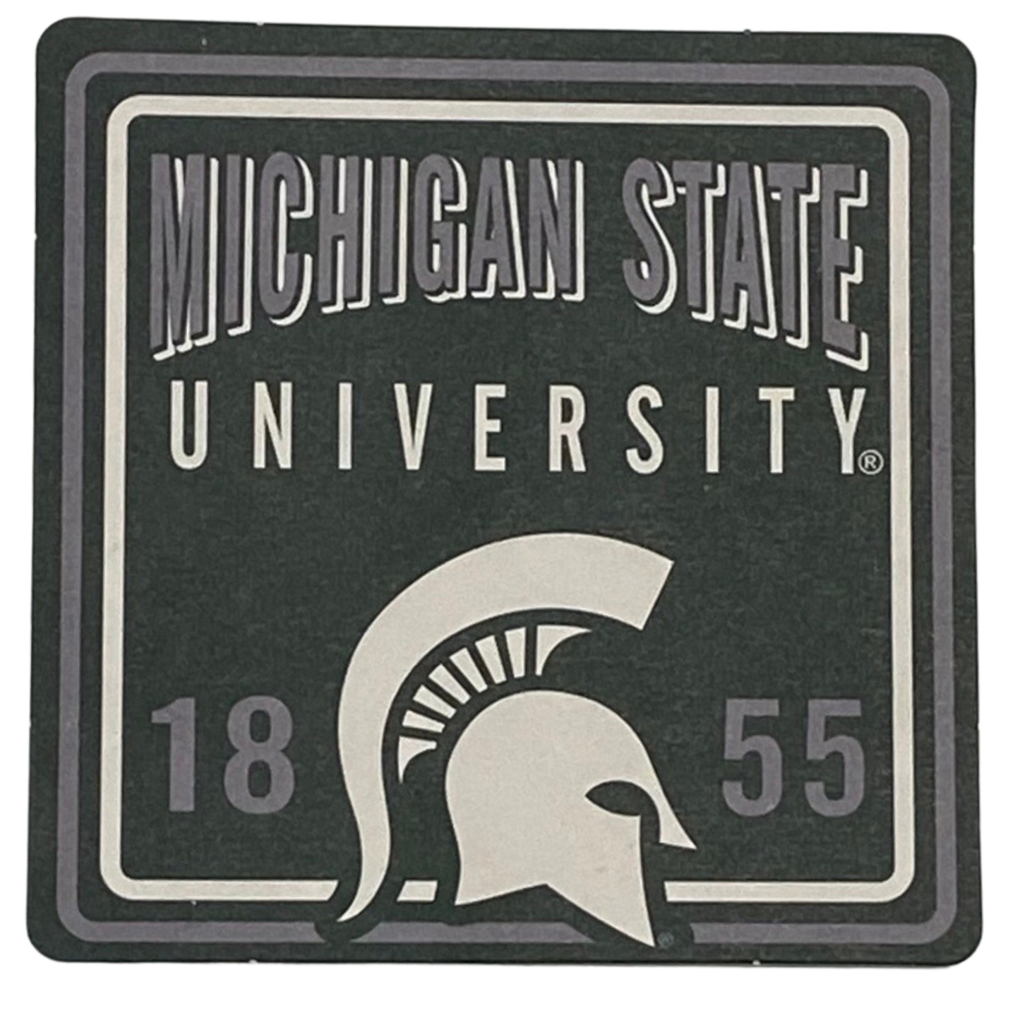 10 pack of board coasters with a white Spartan Helmet logo in the middle of numbers that read "1855" and a gray and white wordmark that reads "Michigan State University" at the top.