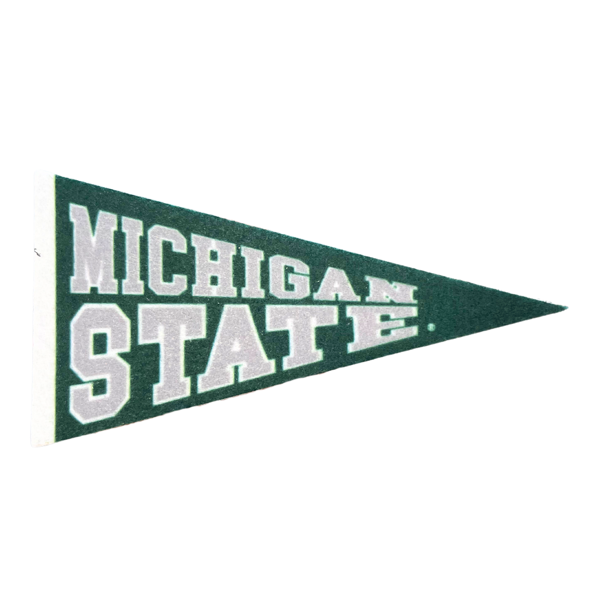 A green pennant flag magnet with Michigan State written on the flag in grey.