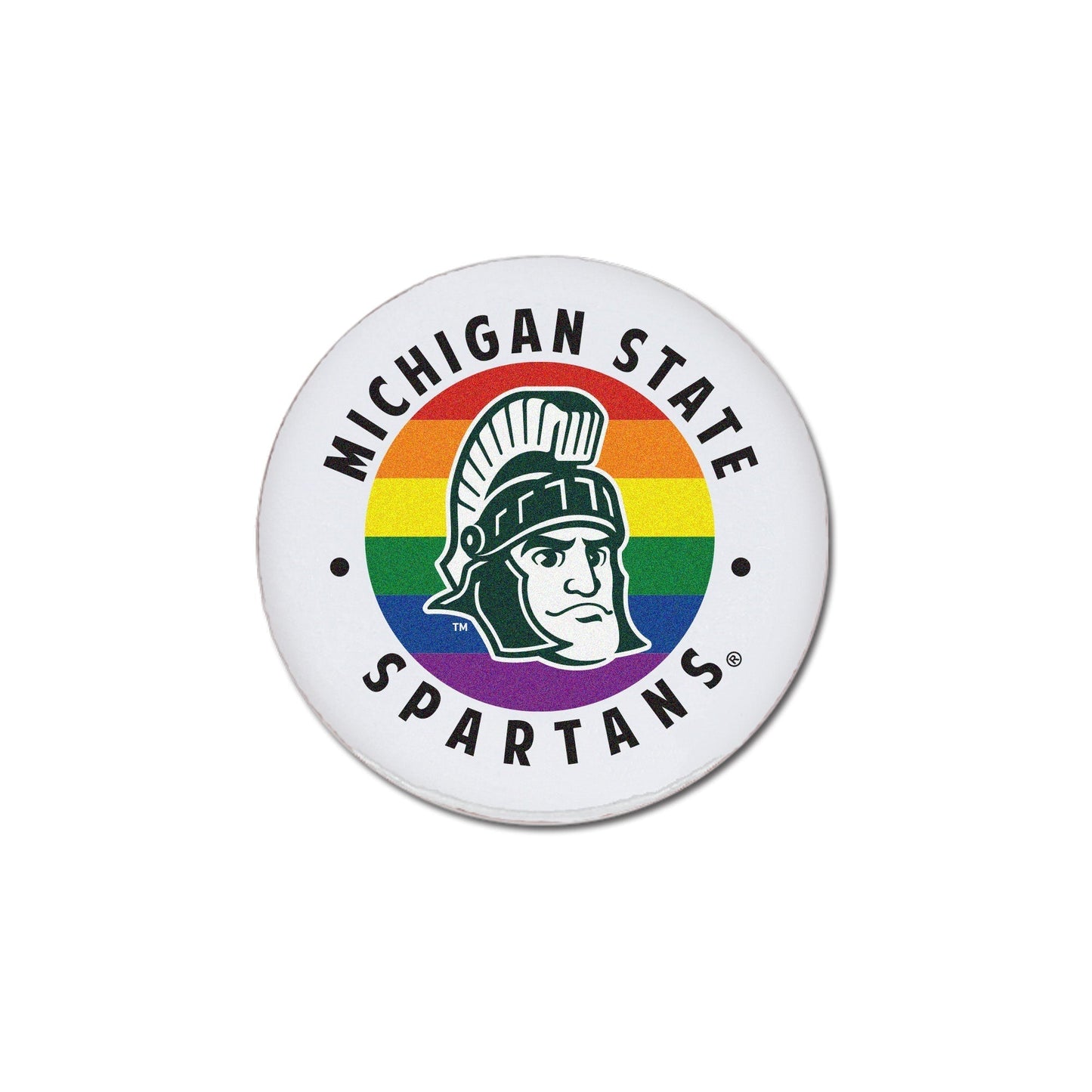 Circular magnet with a thick white border that has two curved lines of text reading "Michigan State Spartans." In the center, a circle with rainbow stripes (red to purple, top to bottom) features a vintage-style graphic of the Sparty mascot head in green and white.