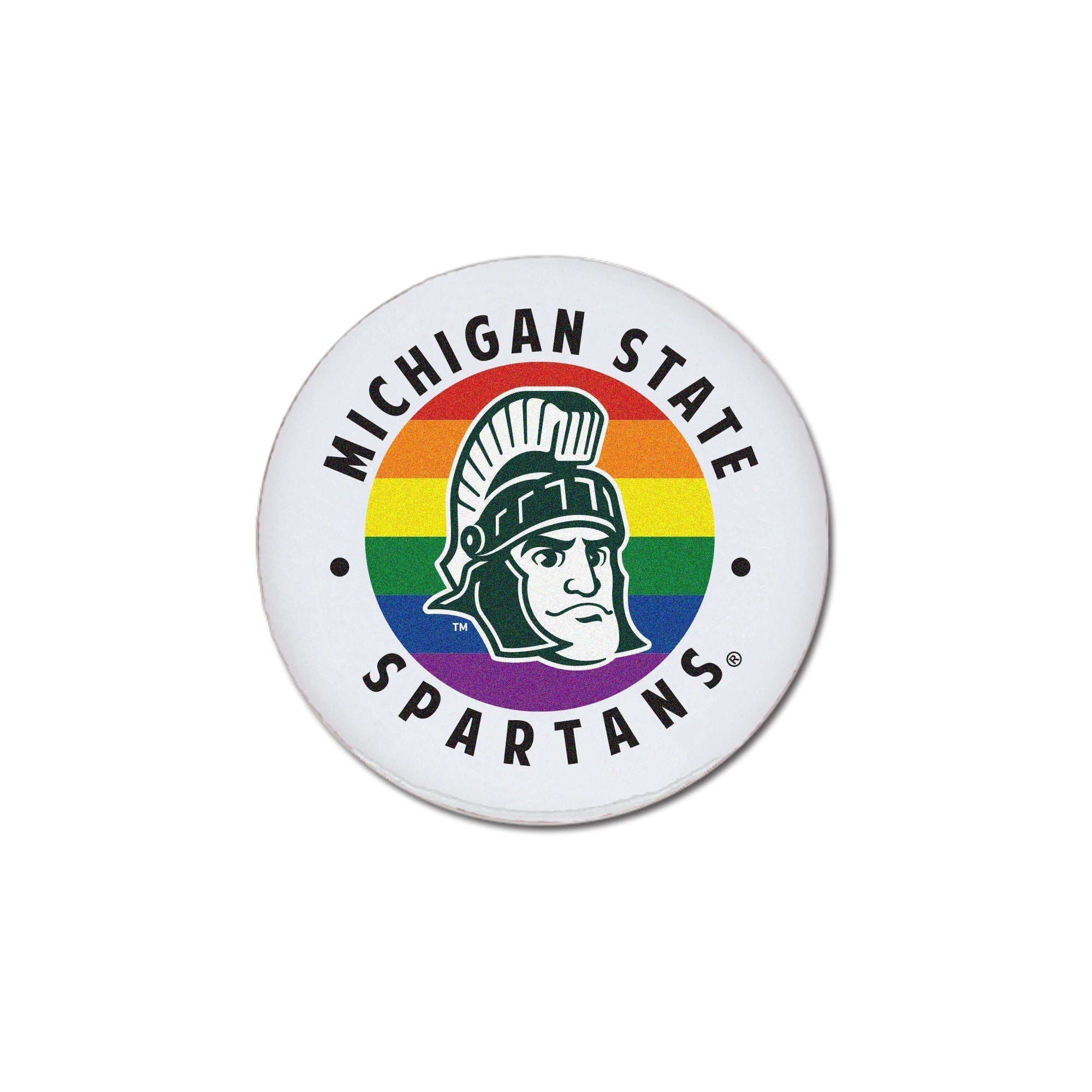 Circular magnet with a thick white border that has two curved lines of text reading Michigan State Spartans. In the center, a circle with rainbow stripes (red to purple, top to bottom) features a vintage-style graphic of the Sparty mascot head in green and white.