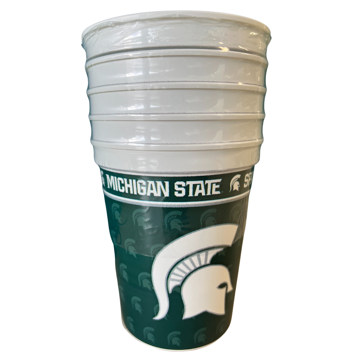 Five-pack of plastic 16 oz. cups, featuring a wraparound design that includes a large white Spartan Helmet logo in the center with a dark green background and a faded green Spartan helmet pattern. Around rim it reads "Michigan State Spartans."