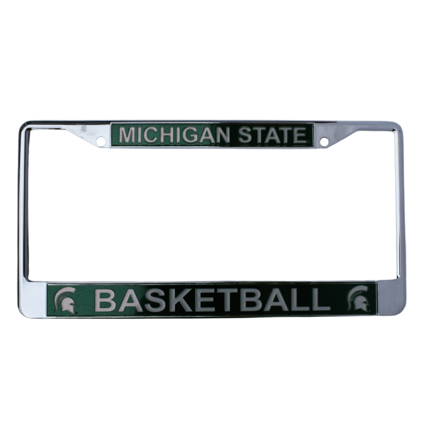 Chrome license plate with two screw holes at the top. A forest green block along the top reads "Michigan State" in all caps and a matching block at the bottom reads "Basketball" in all caps between two Spartan Helmet logos.