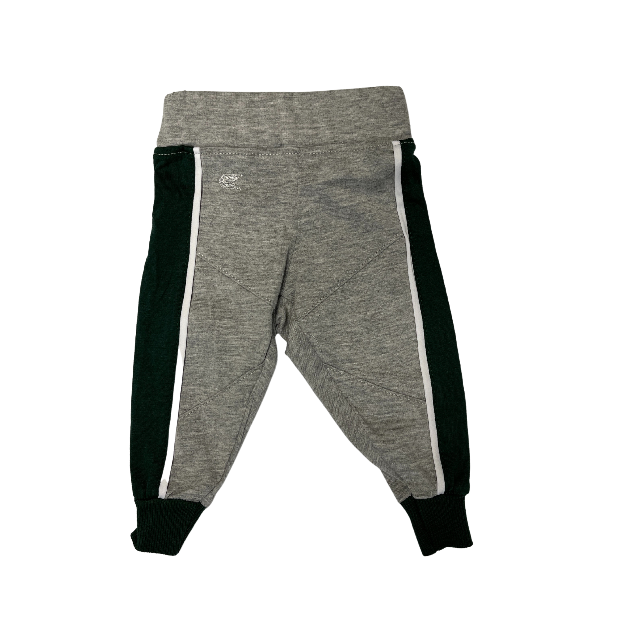 Grey infant sweatpants with green lines going down the side of the pant legs.