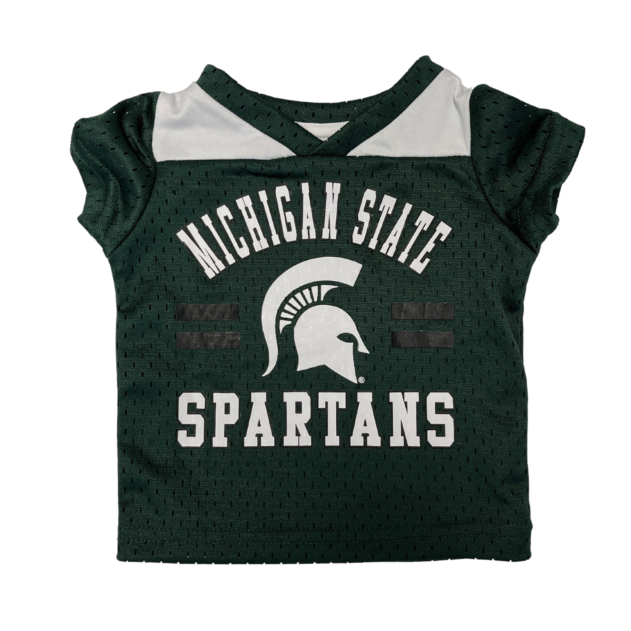 A toddler or infant sized green football jersey with Michigan State Spartans and the MSU helmet logo written on the front.