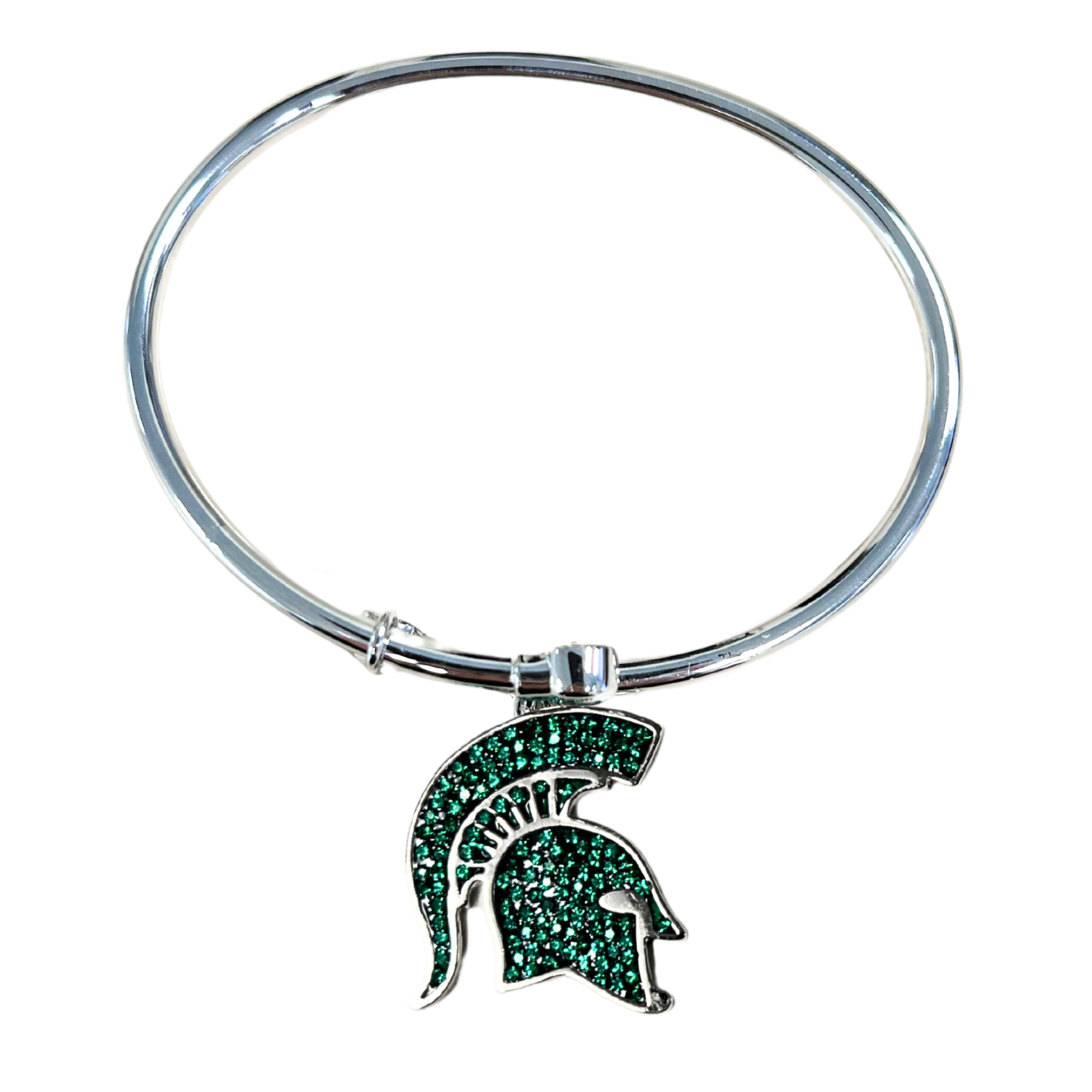 A silver, bangle style bracelet with a Michigan State spartan helmet logo medallion that is filled with green crystals.