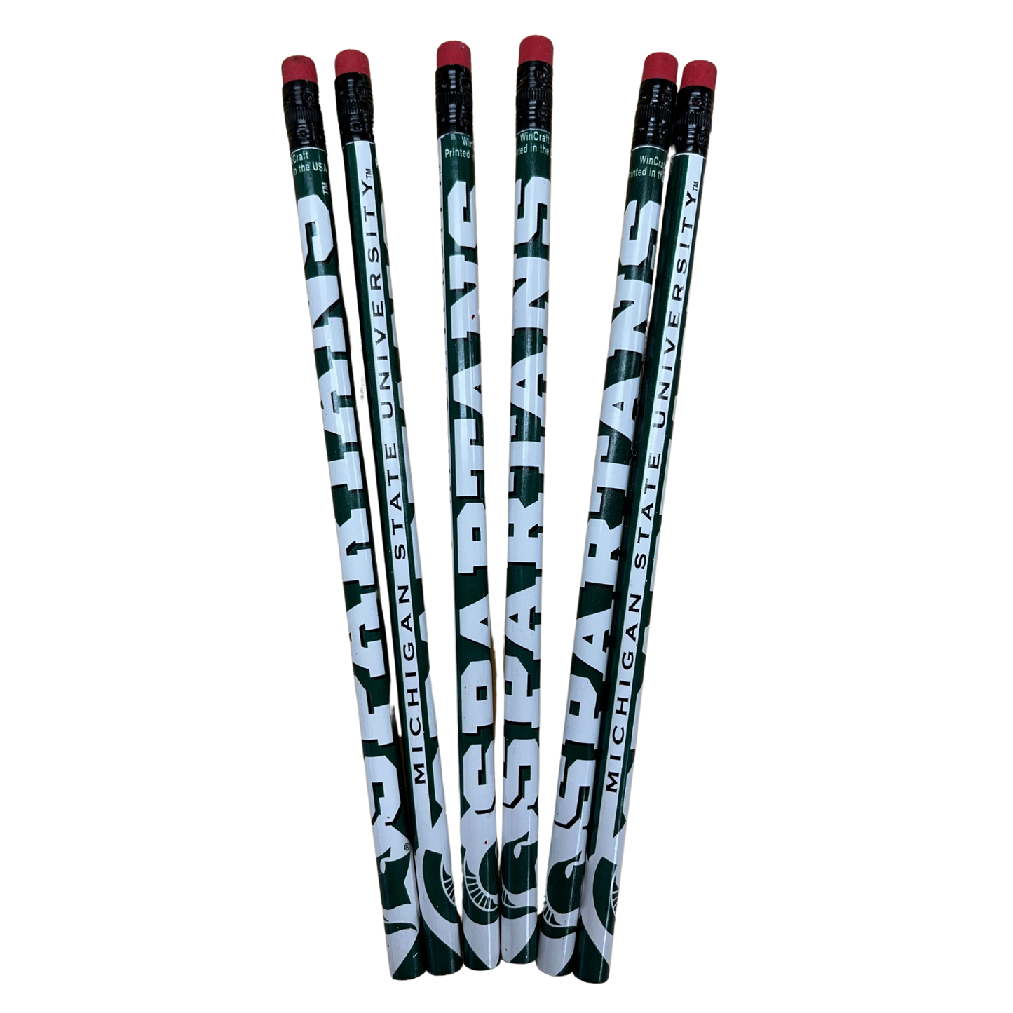 A set of six green and white pencils. On one side of the pencil is the word "Spartans" in white, while on the other side of the pencil is the white text reading "Michigan State University."