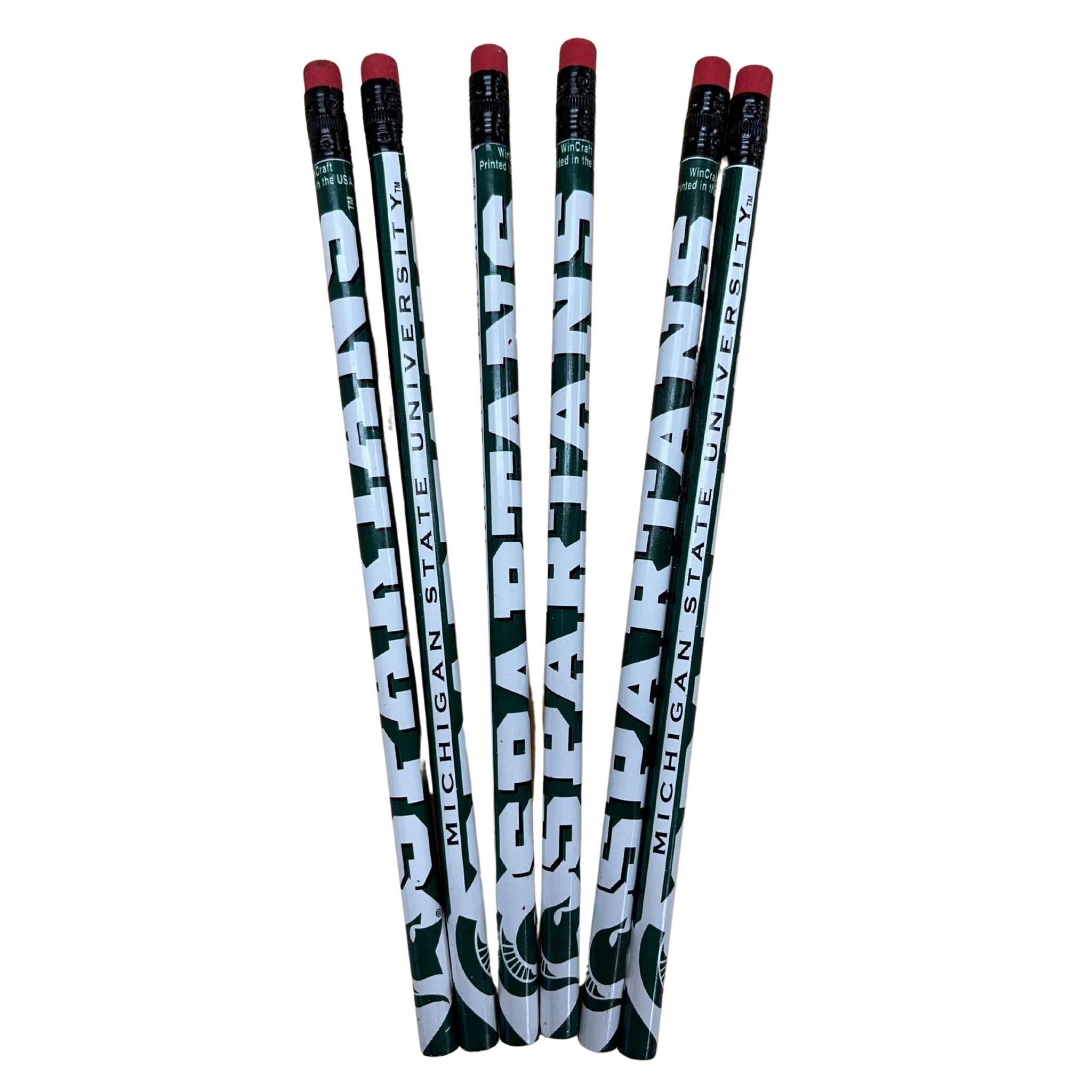 A set of six green and white pencils. On one side of the pencil is the word Spartans, while on the other side of the pencil is the text reading Michigan State University.