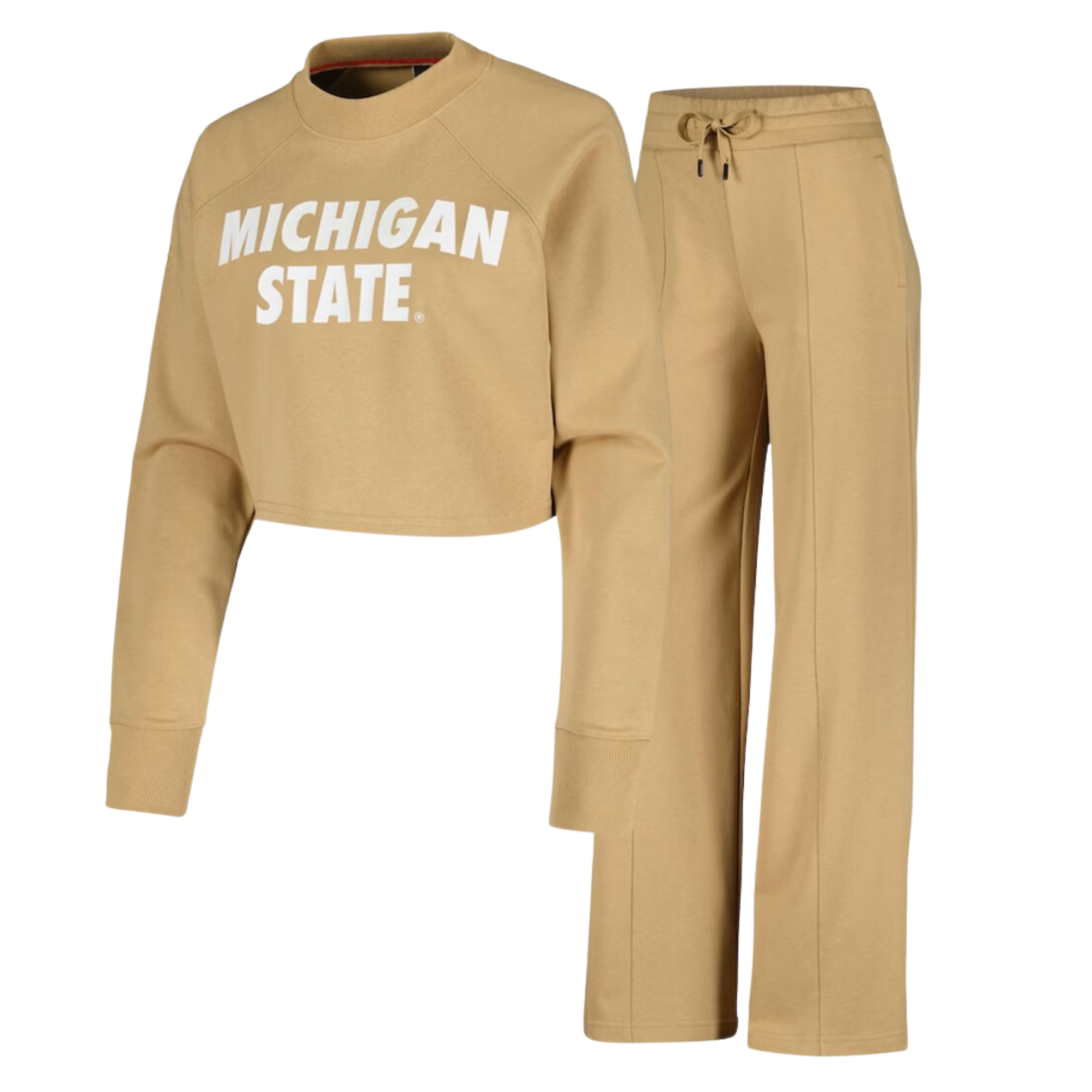 A tan cropped crewneck sweatshirt with matching sweatpants. On the sweatshirt reads "Michigan State" in white.