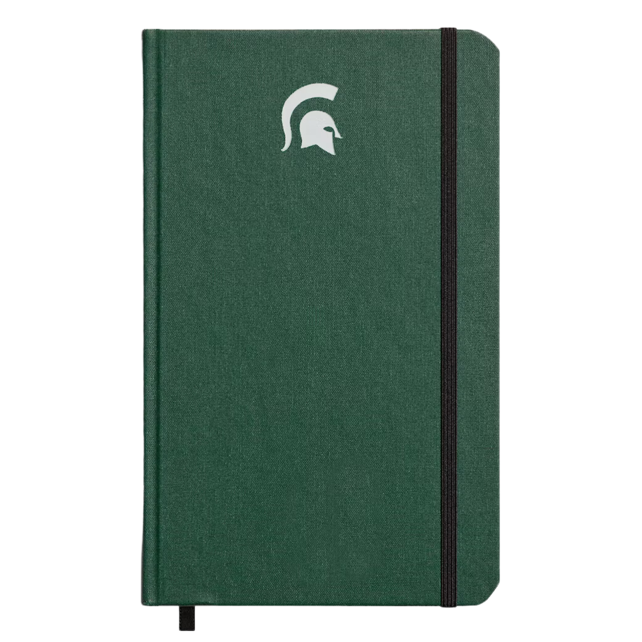 Hard linen green journal with a white Spartan logo embossed on the cover and acid-free paper from sustainably managed American forests.