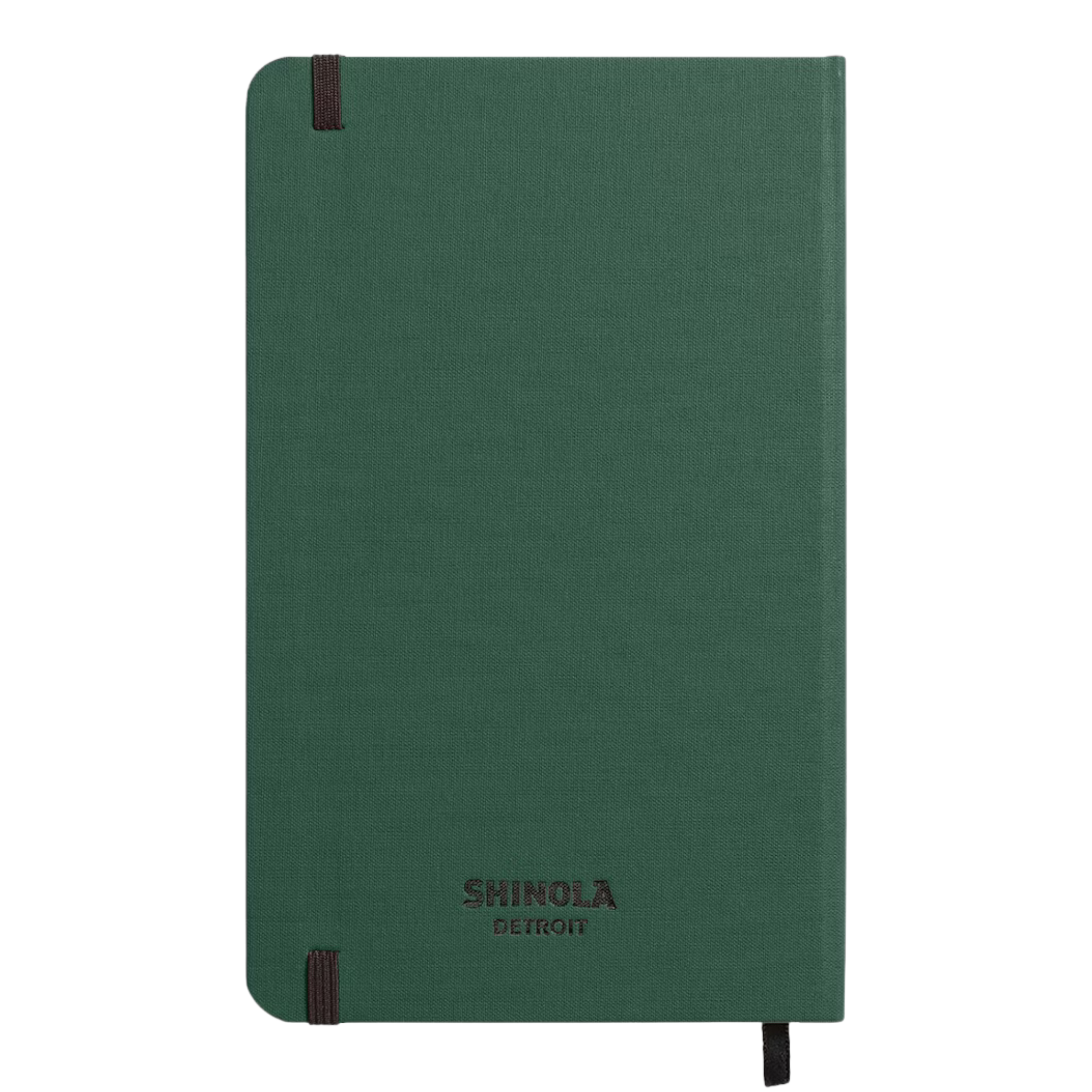Back of hard linen green notebook with 'Shinola Detroit' branding on a plain green back cover.