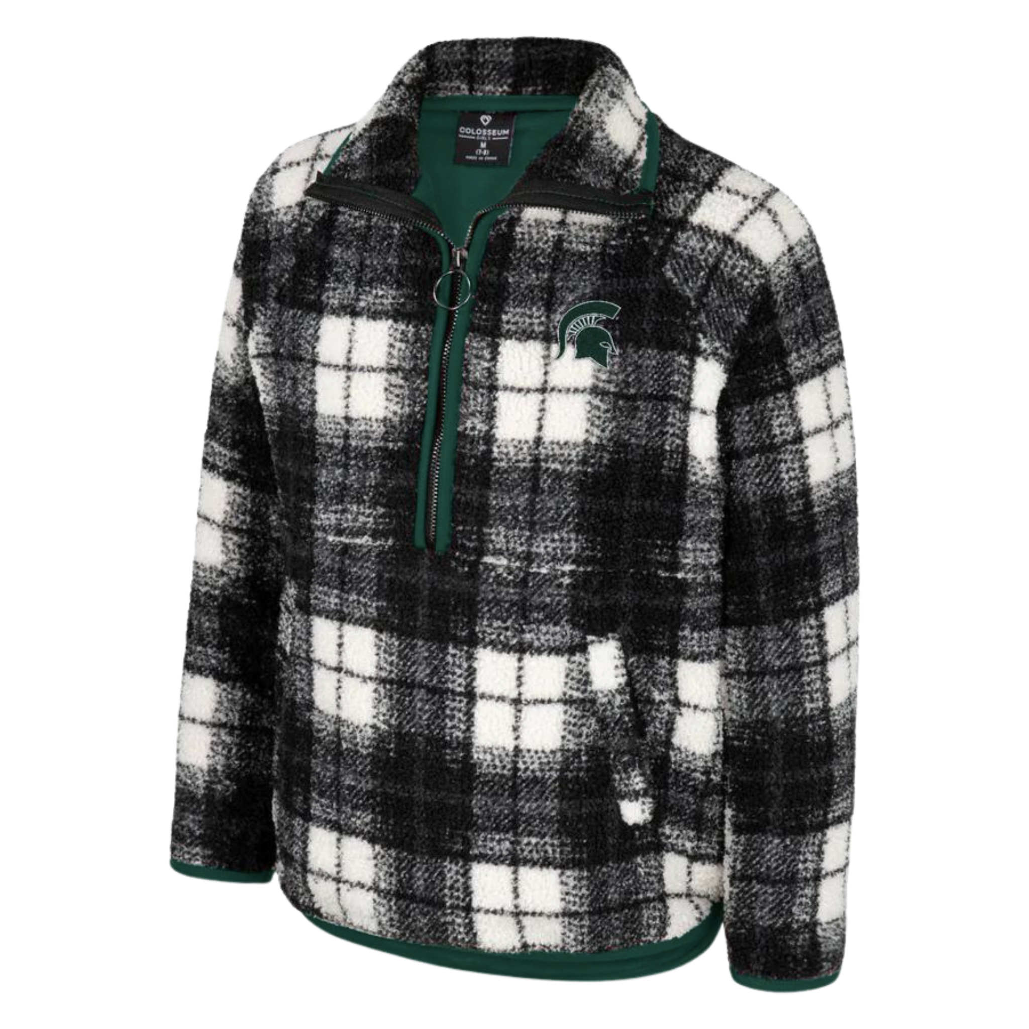 A black and white, plaid patterned Sherpa jacket with green lining. On the left chest area is a green MSU Spartan helmet logo.