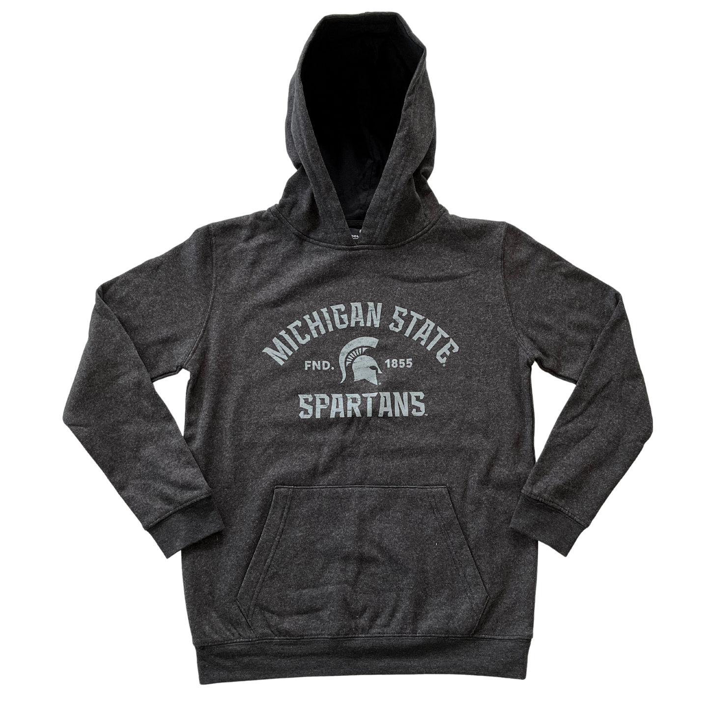 A gray hooded sweatshirt with "Michigan State Spartans" written in white on the torso. In the middle of the text is a white Spartan Helmet logo and the text "Fnd. 1855."