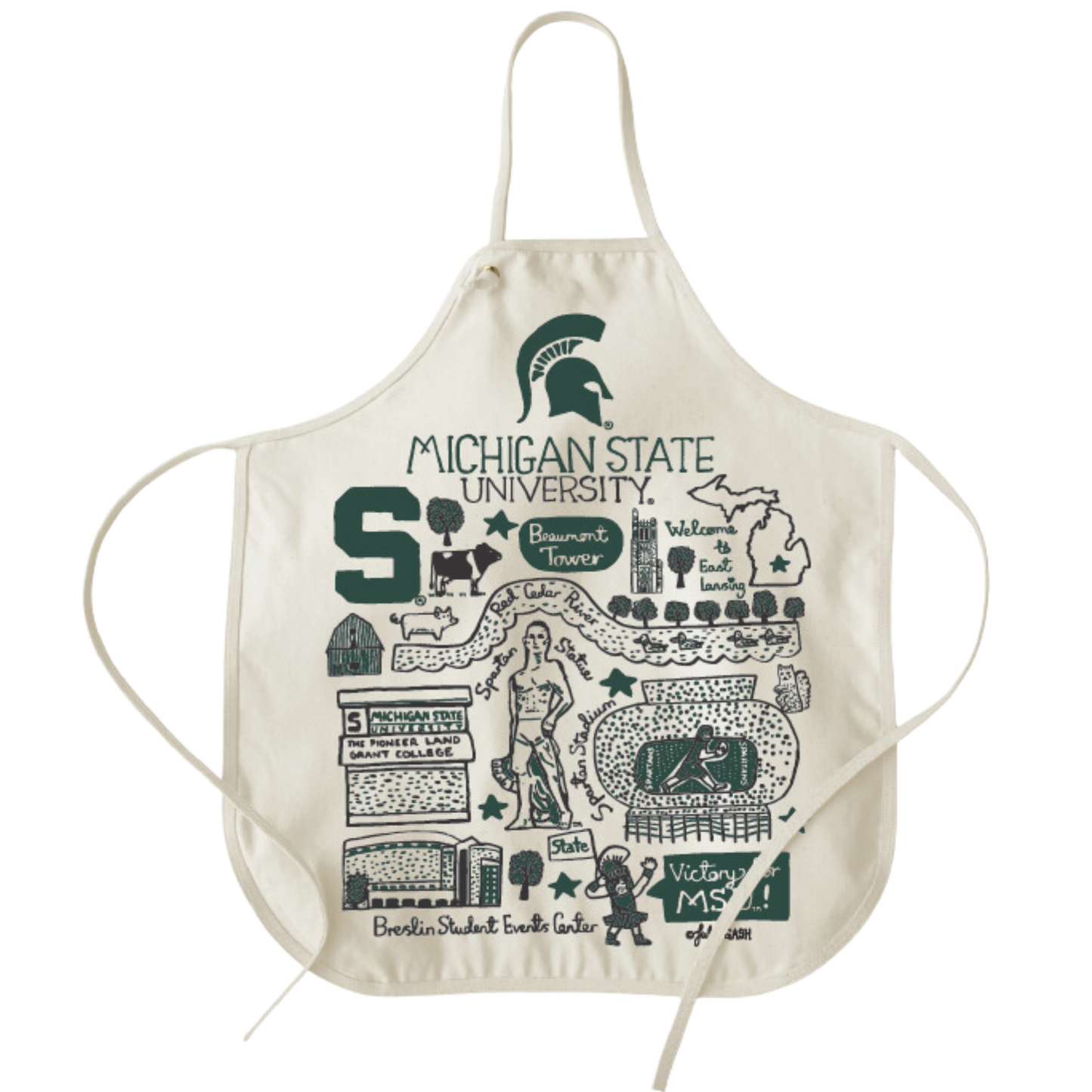 Natural colored canvas apron with a top loop, two waist straps, and an artist's MSU illustration design painted in green and black on the apron.