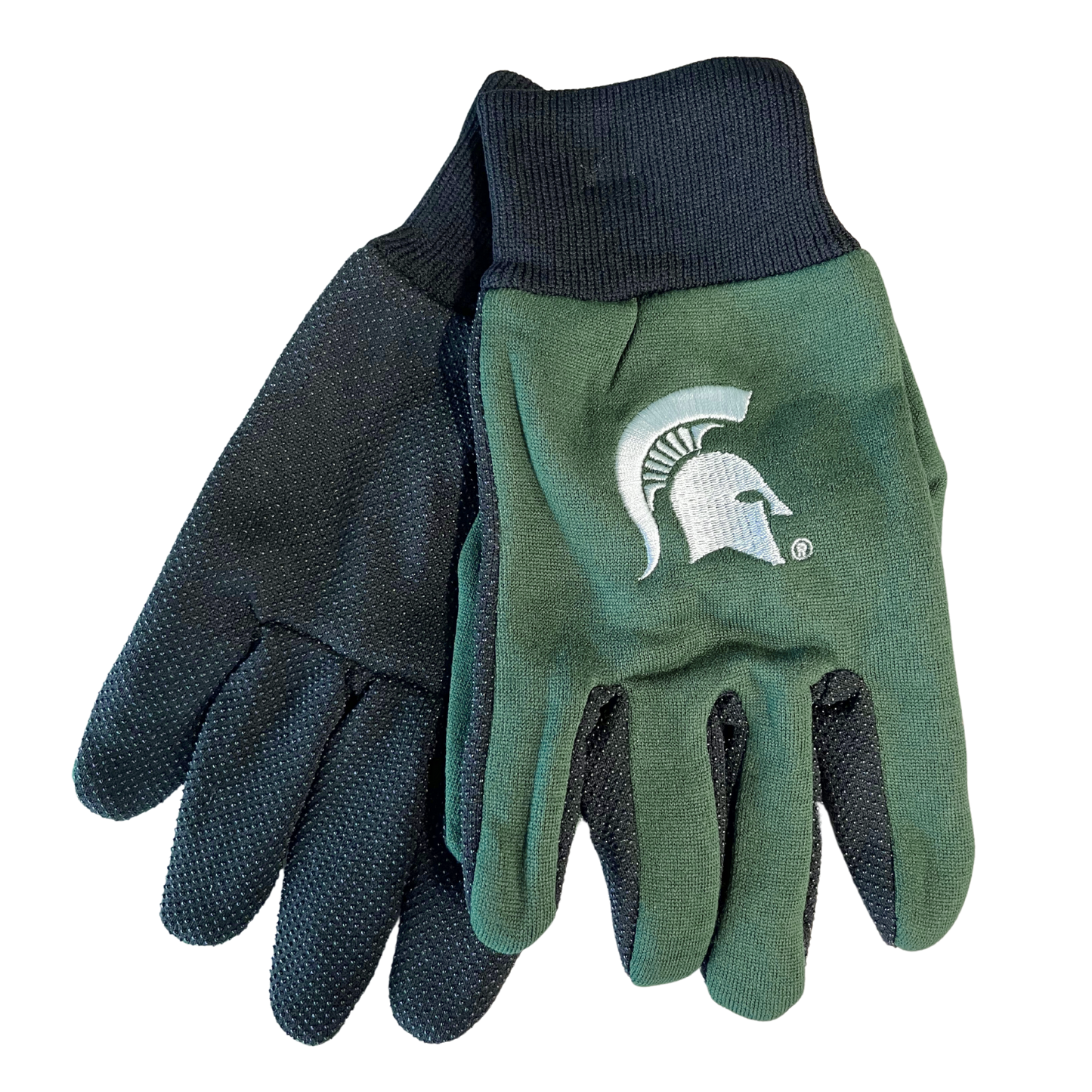 A pair of green winter utility gloves with black palms and cuffs and a white embroidered Spartan Helmet logo on the top.