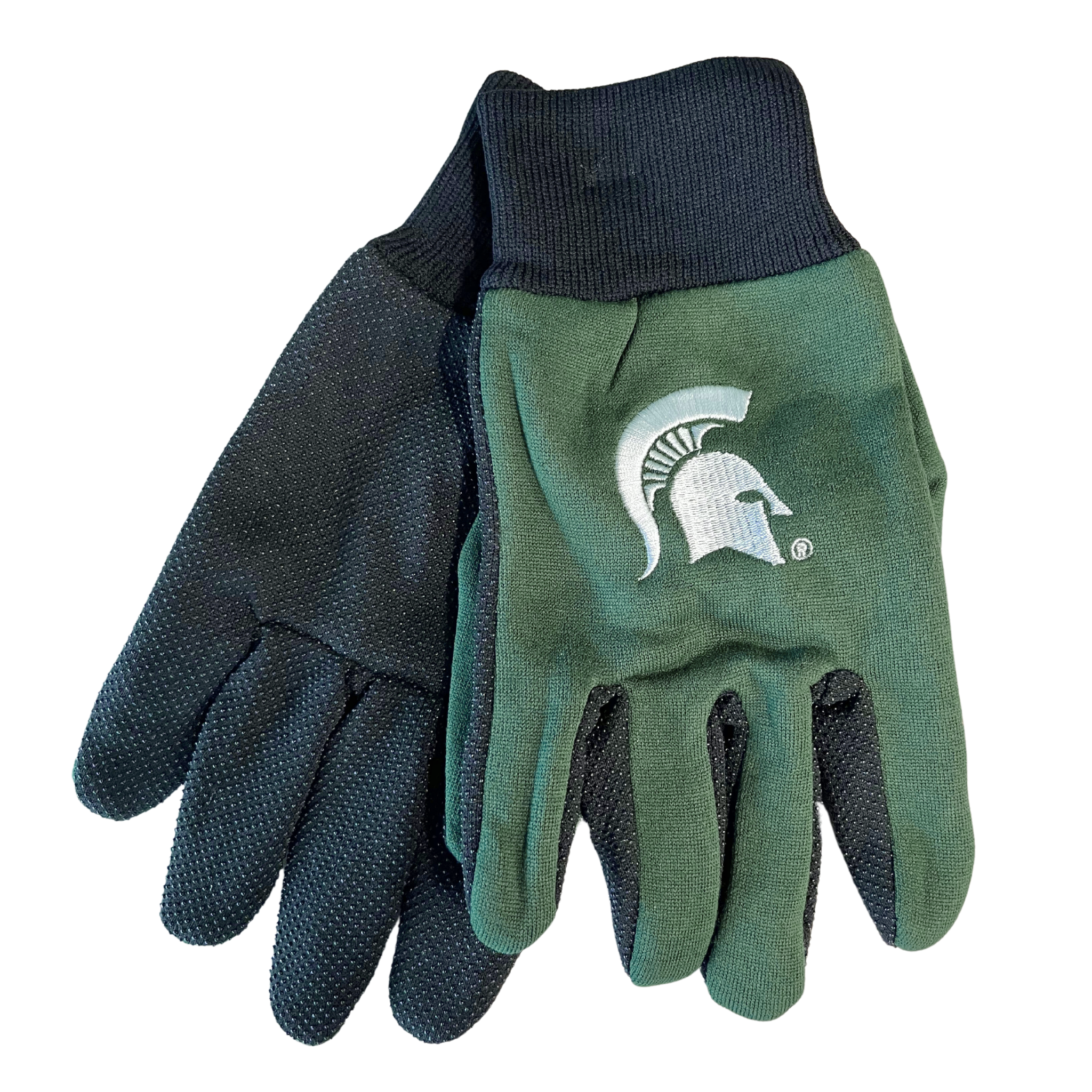 A pair of green winter utility gloves with black palms and cuffs and a white embroidered Michigan State spartan helmet logo on the top.