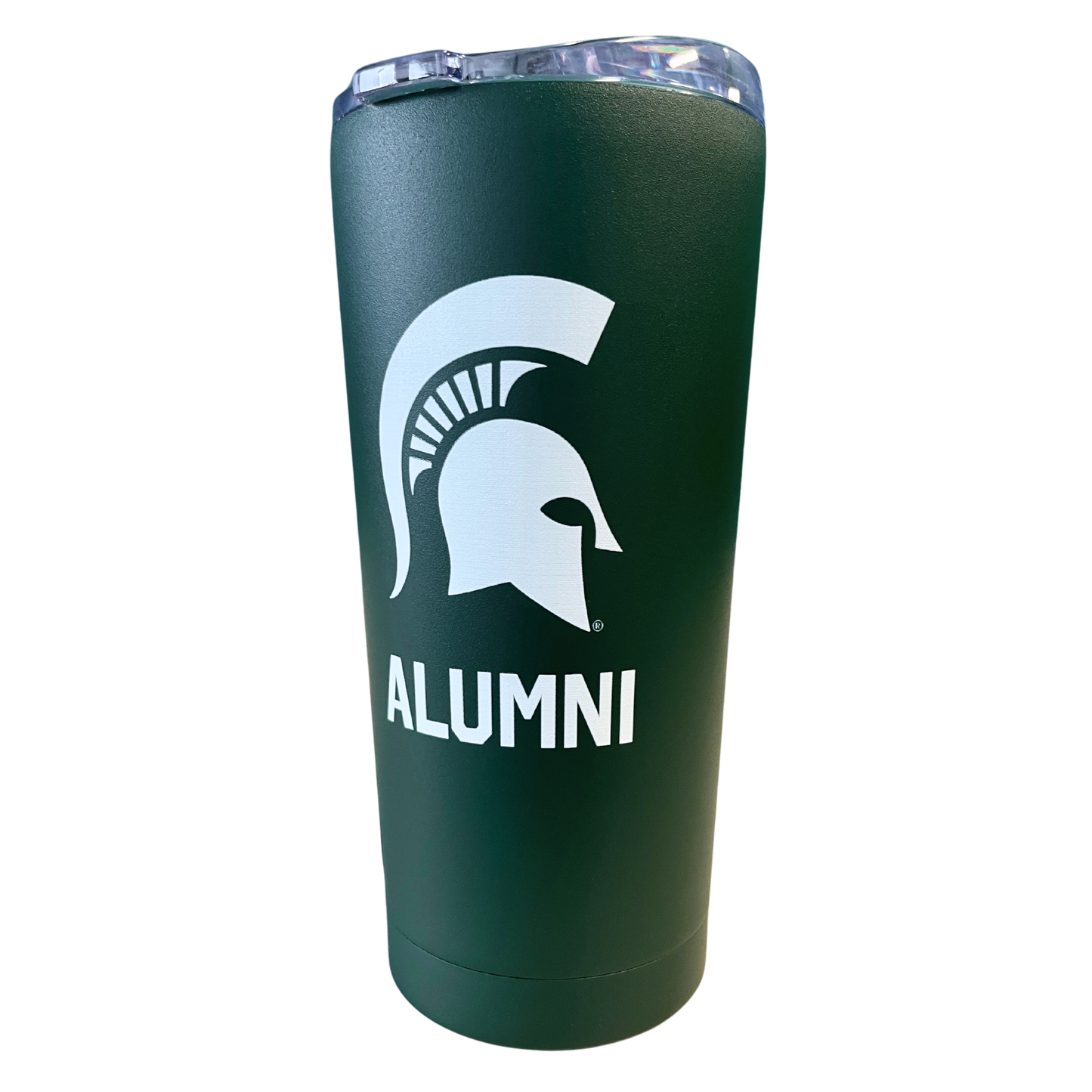 A dark green stainless steel tumbler with a white Spartan Helmet logo on the side. Underneath the logo in white capital letters is the word "Alumni."