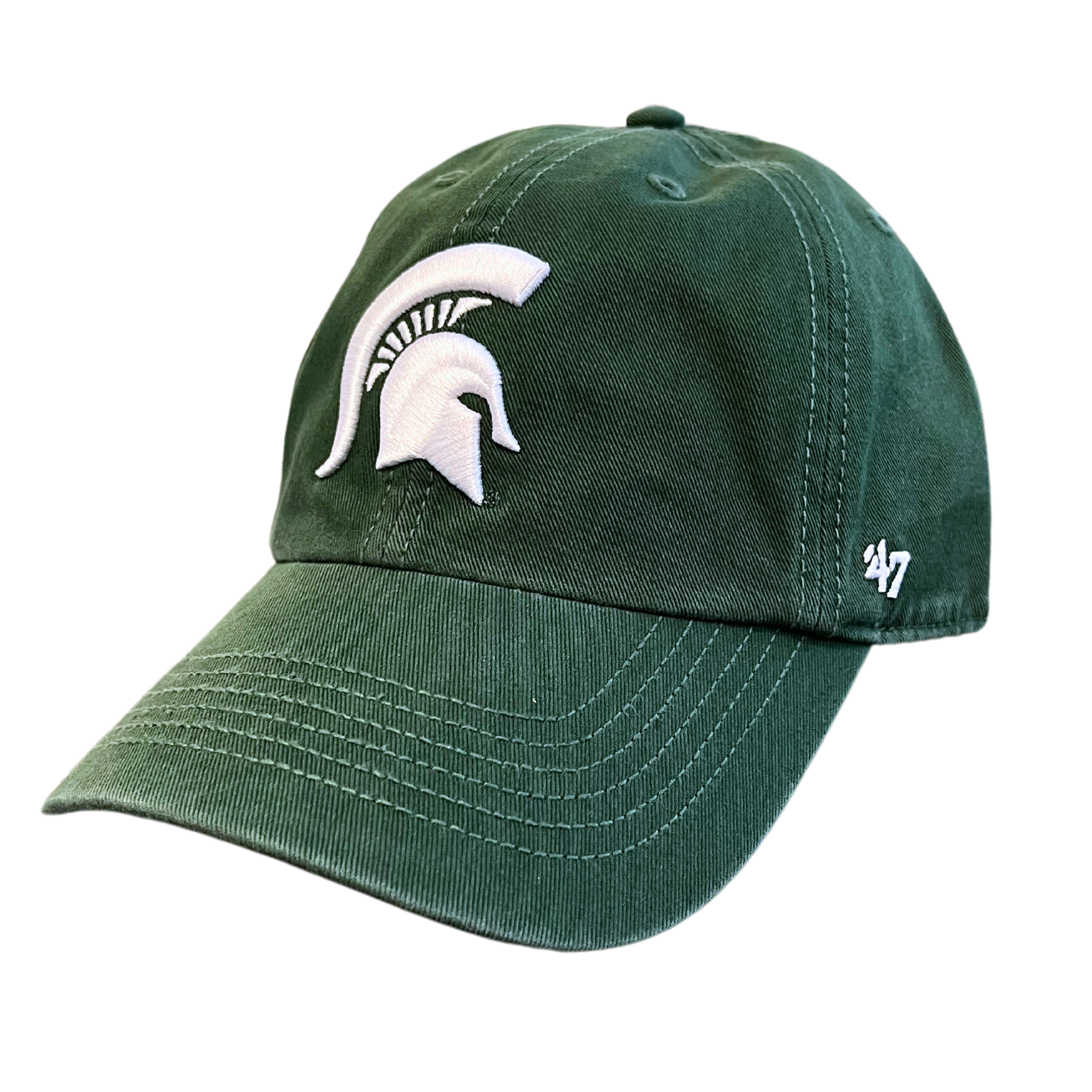 An angled view of a dark green ball cap with a white Michigan State spartan helmet logo embroidered on the center face of the hat. On the left temple panel is a white embroidered '47 logo