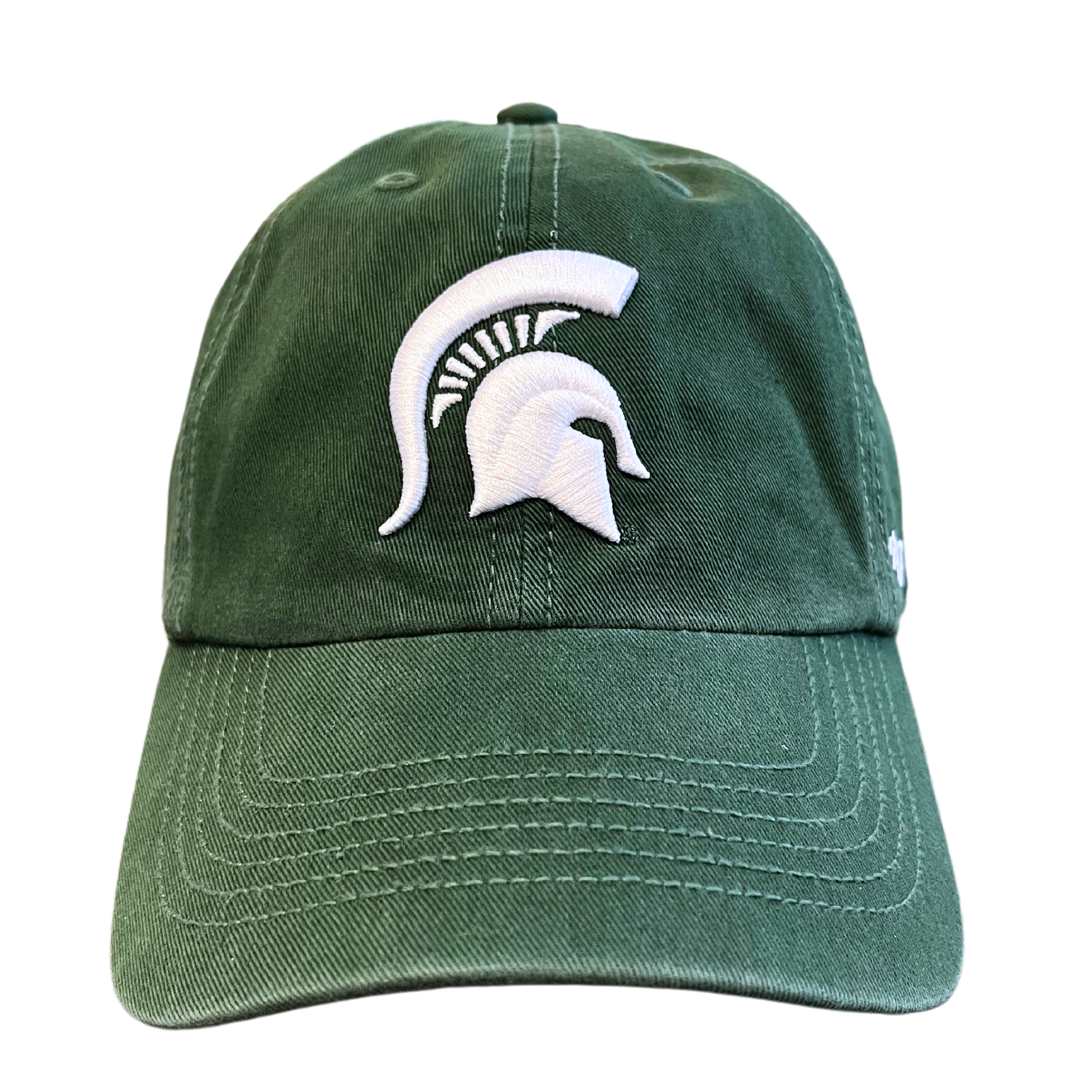 A head-on view of a dark green ball cap with a white Michigan State spartan helmet logo embroidered on the center face of the hat.